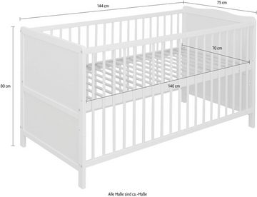 Lüttenhütt Babybett "Joris", 3-fach höhenverstellbar, hochwertiges Kiefernholz, mehrere Farben, 70x140cm, umbaubar zum Juniorbett, mit Schlupfsprossen