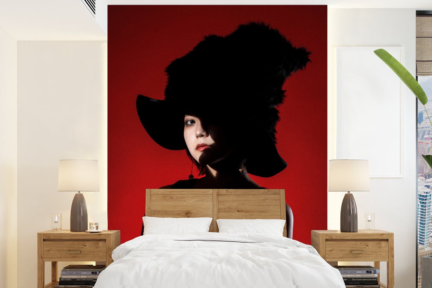 MuchoWow Fototapete Rot - Frau - Schwarz - Porträt, Matt, bedruckt, (4 St), Montagefertig Vinyl Tapete für Wohnzimmer, Wandtapete