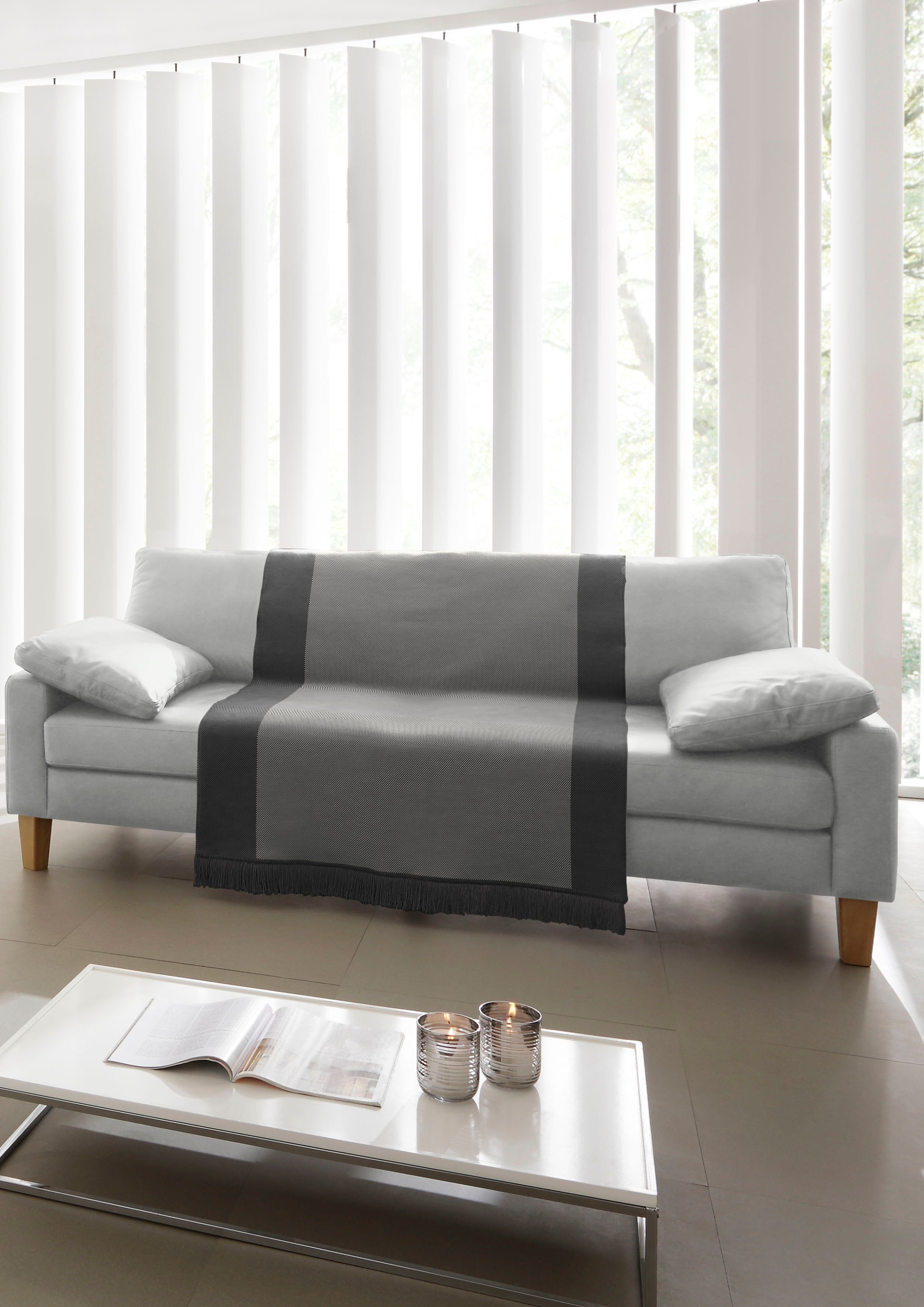 Salt & Cover Cotton Biederlack, Fransen Pepper Sofaschoner mit anthrazit