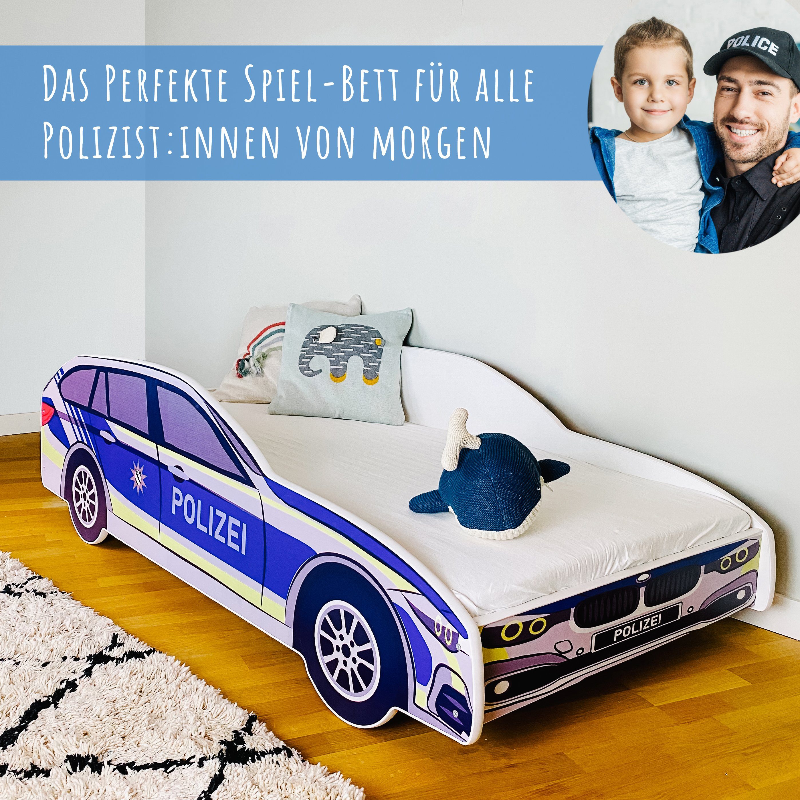 Kids Collective Autobett Kinderbett Jugendbett Polizei 70x140, 80x160 cm mit Rausfallschutz, Polizeiauto Polizisten Kinderspielbett 80x160 cm
