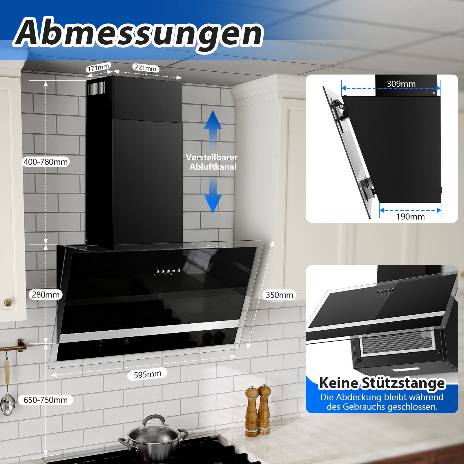SNDOAS Kopffreihaube Dunstabzugshaube 60 cm mit 400 m³/h Absaugleistung, A+++ bürstenloser Motor, 3 Leistungsstufen, Abluft‑ und Umluftbetrieb – Bild 2 von 5
