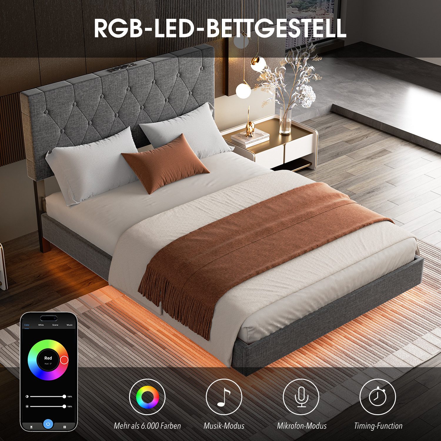 oyajia Polsterbett Doppelbett 140x200 cm, LED günstig online kaufen