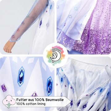Corimori Prinzessin-Kostüm Prinzessinnen-Kostüm Set für Elsa Fans, Kinder, Prinzessinenkleid für Fasching, Karneval hellblau-weiß, Größe 128/134