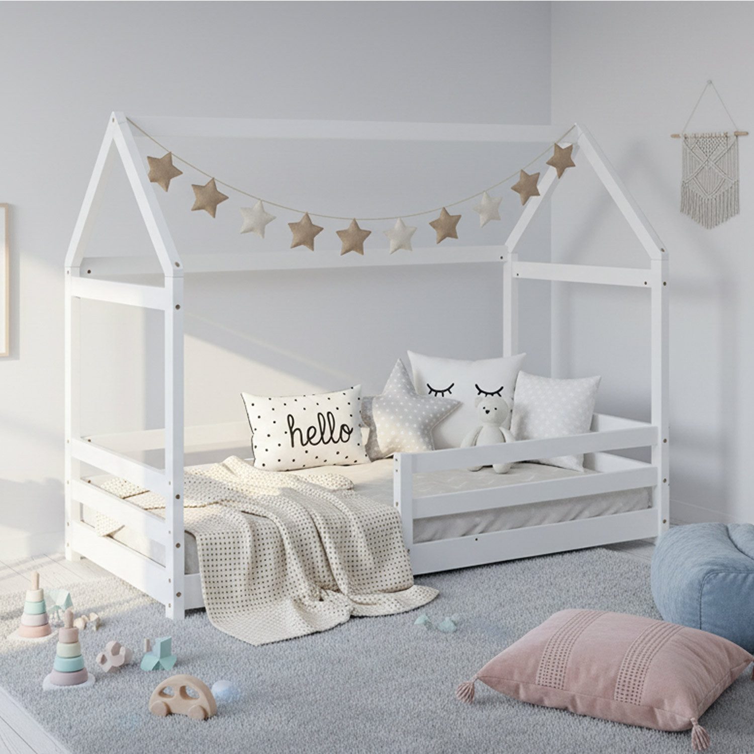 Homestyle4u Hausbett 80x160 cm Kinderbett Bodenbett Holzbett Weiß Kleinkind mit Dach (Komplett-Set mit Lattenrost, Matratze mit OEKO-TEX® Standard 100), mit Rausfallschutz