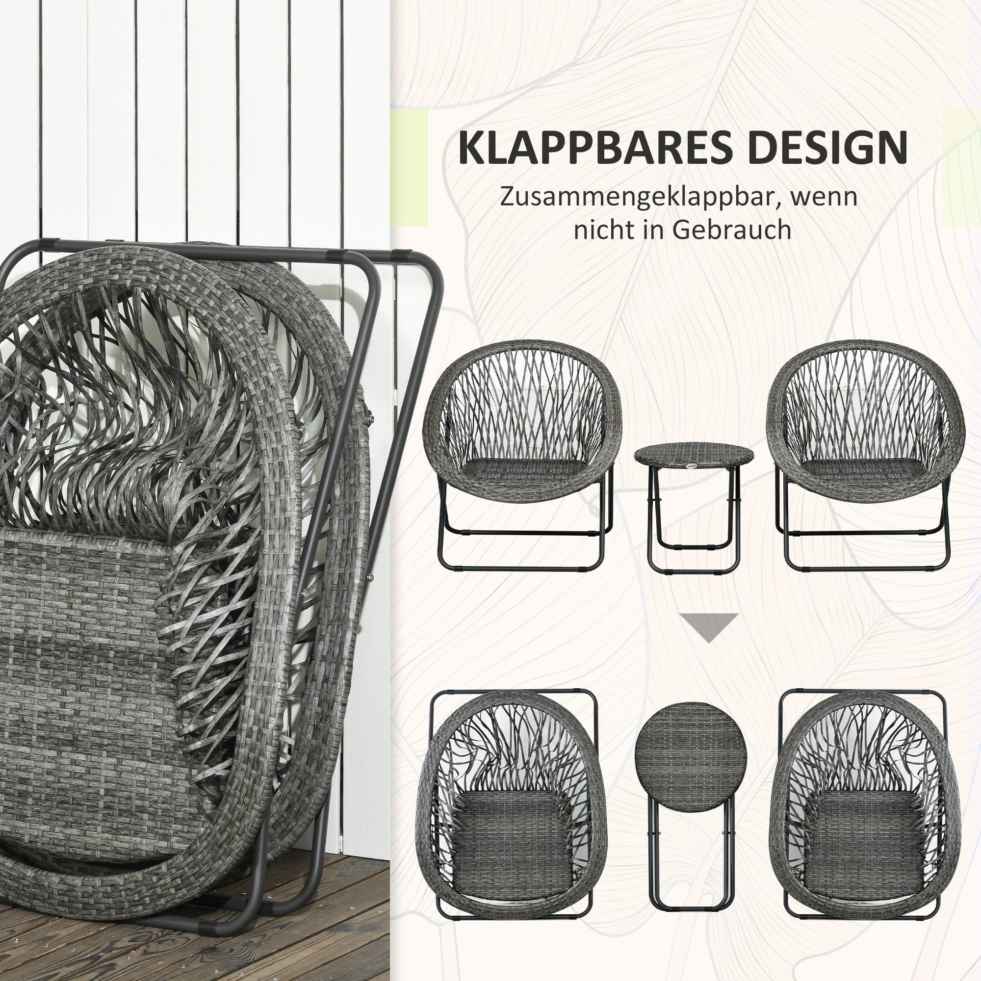 Outsunny Sitzgruppe mit Couchtisch, 2 Stühlen, (Balkonmöbel, 3-tlg., Gartensitzgruppe), für Balkon, Terrasse, Grau