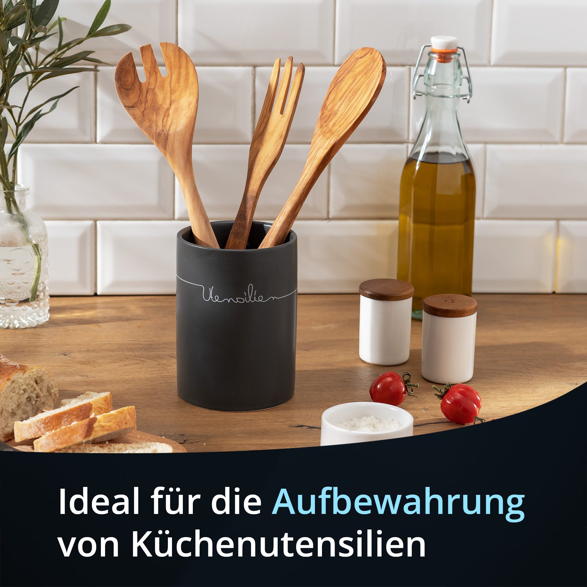 KHG Vorratsdose Utensilienhalter aus Steinzeug in Grau – für 8 Kochutensilien, Steingut, Küchen‑Utensilienhalter aus robustem Steinzeug ideal für Kochbesteck – Bild 2 von 5