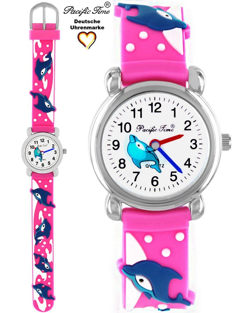 Pacific Time Quarzuhr Kinder Armbanduhr Gratis Delfin Versand Silikonarmband, pink