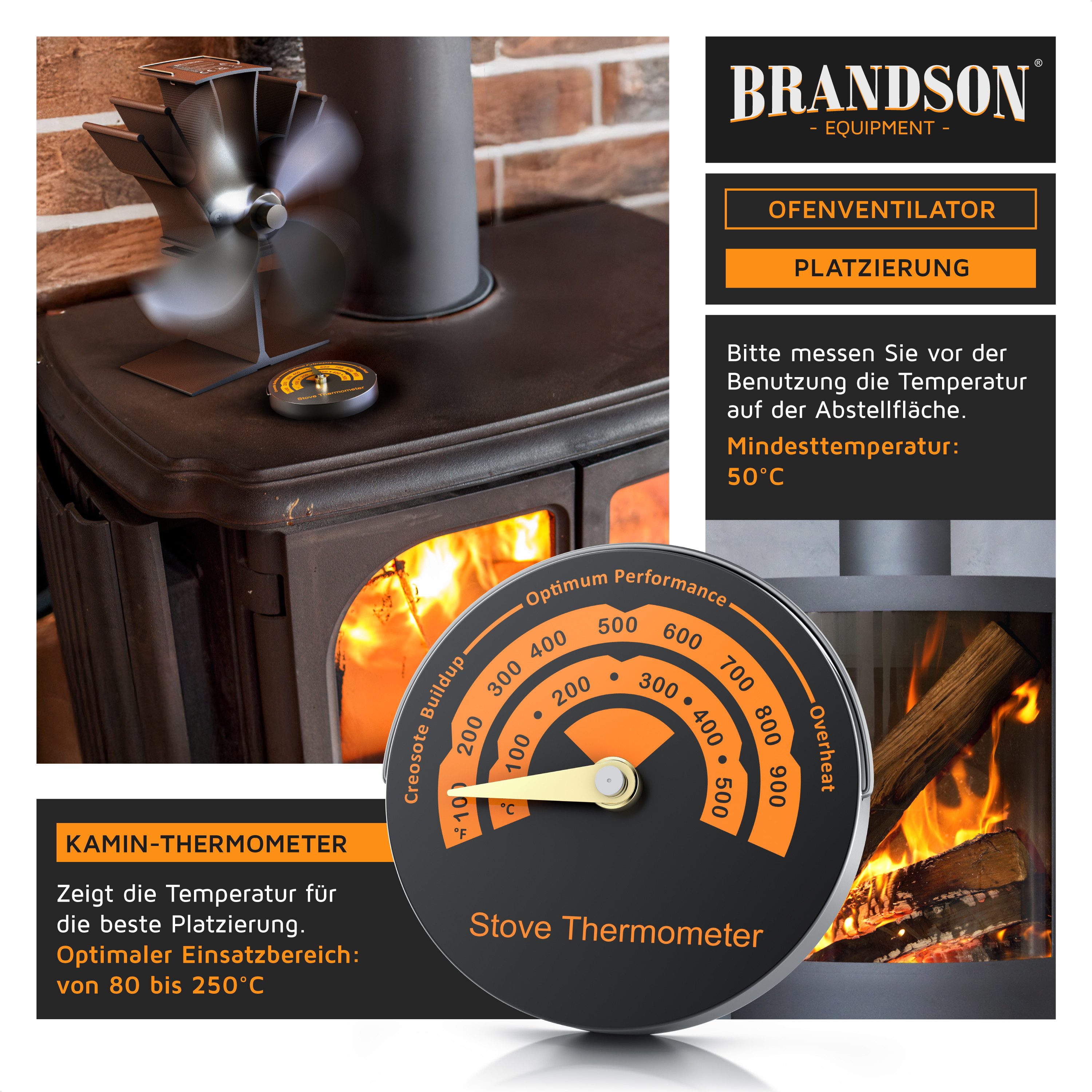 Brandson Kaminventilator Ofenventilator inkl. Thermometer für Kamin, Kaminöfen, Holzöfen, Öfen, Ventilator, 4 Flügel Rotorblätter mit 180 mm Ø, ohne Strom, sehr leise