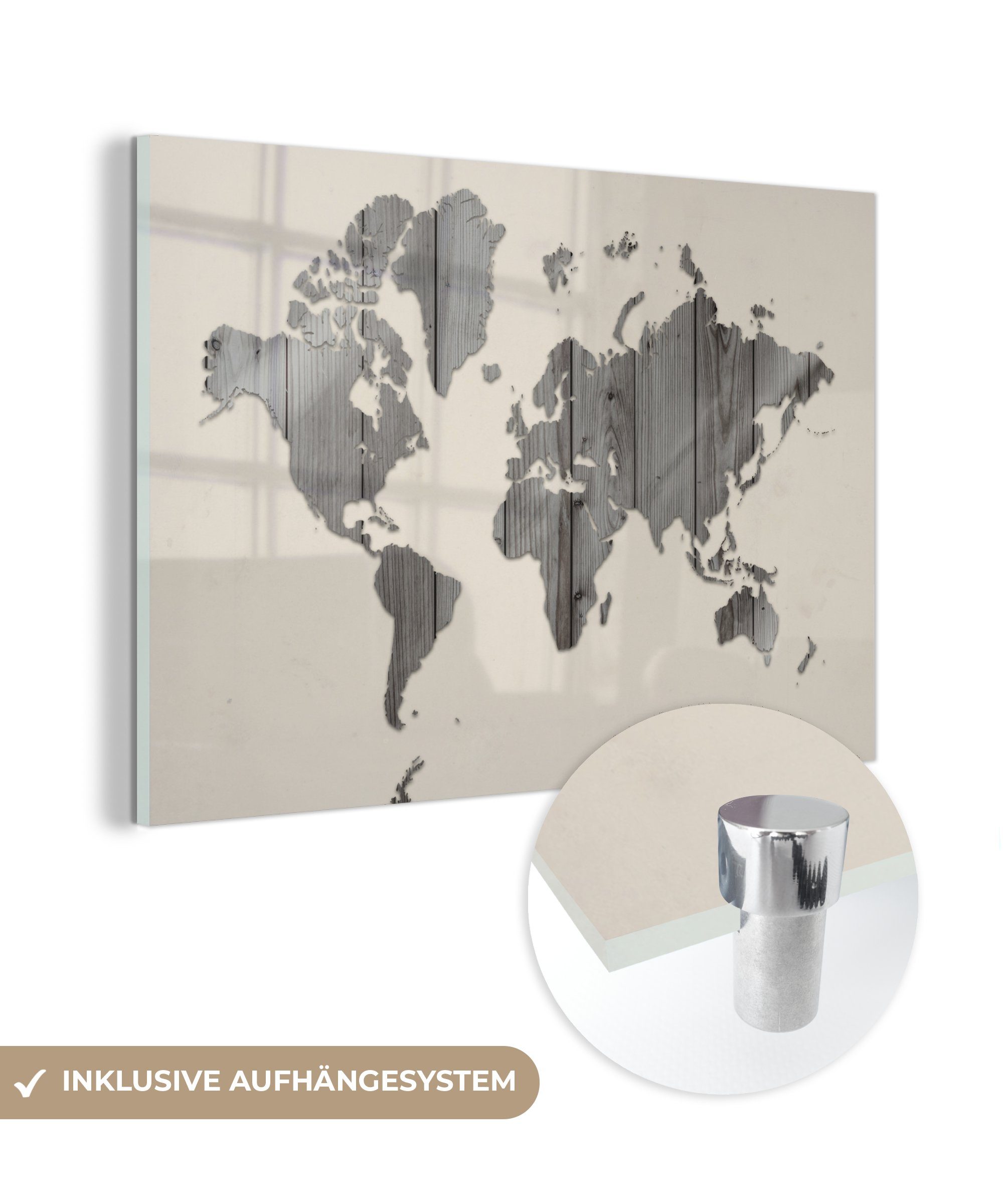 MuchoWow Acrylglasbild Weltkarte - Beige - Schwarz - Weiß, (1 St), Glasbilder - Bilder auf Glas Wandbild - Foto auf Glas - Wanddekoration