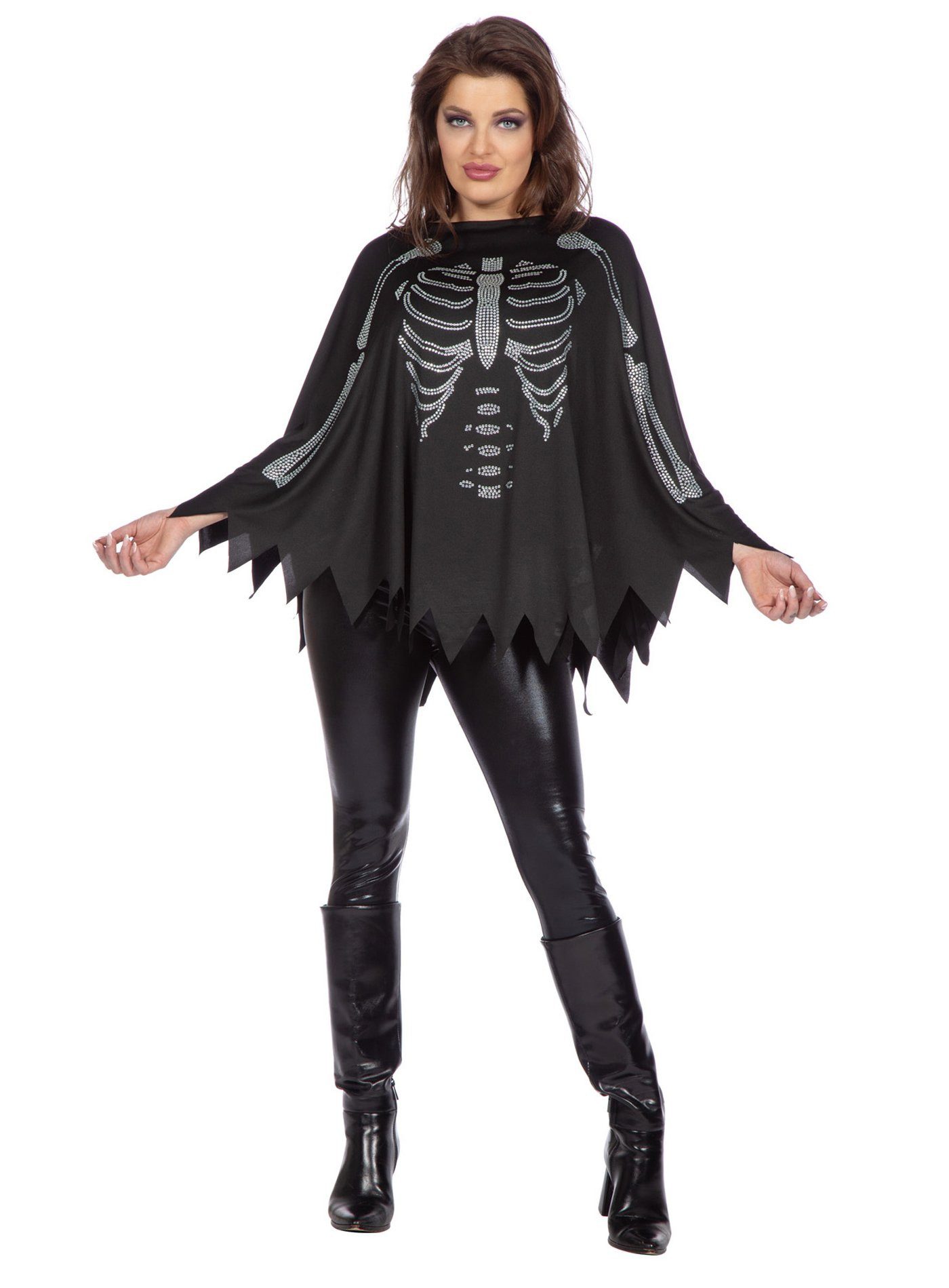 Metamorph Kostüm Poncho mit Glitzerskelett, Halloween-Umhang mit Glitzerbesatz
