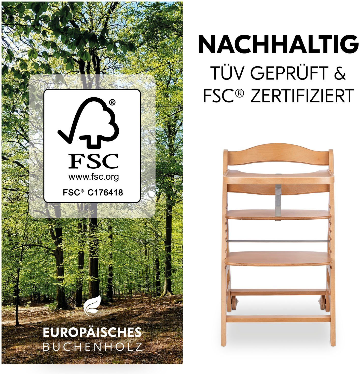 Hauck Hochstuhl Beta+, weltweit schützt Natural, - FSC® - Wald