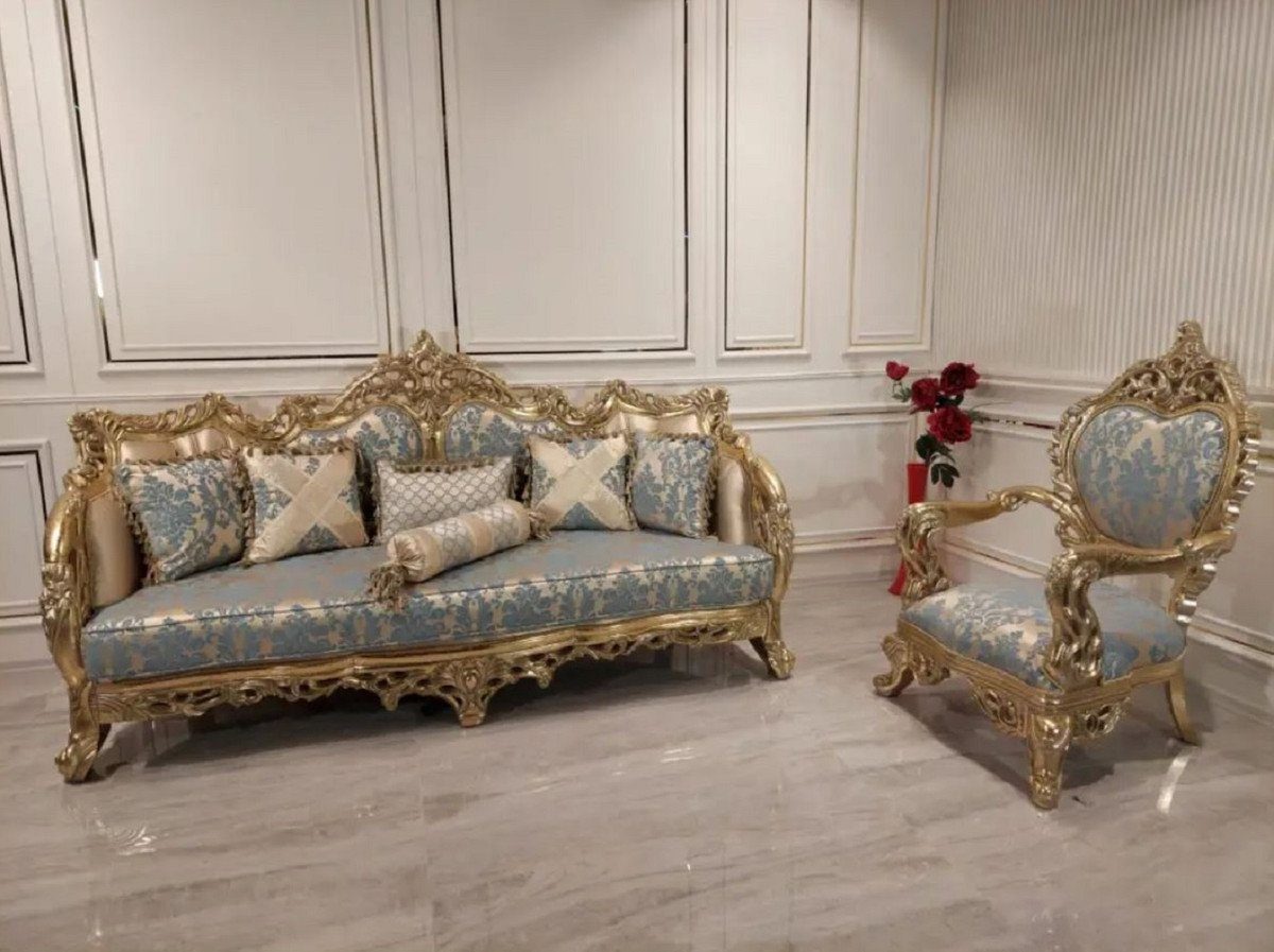 Casa Padrino Sofa Luxus Sofa Möbel Gold - Barock - Wohnzimmer / Wohnzimmer Edel Barockstil mit / Sofa Rosa & elegantem Muster Türkis im Prunkvoll Handgefertigtes Barock 
