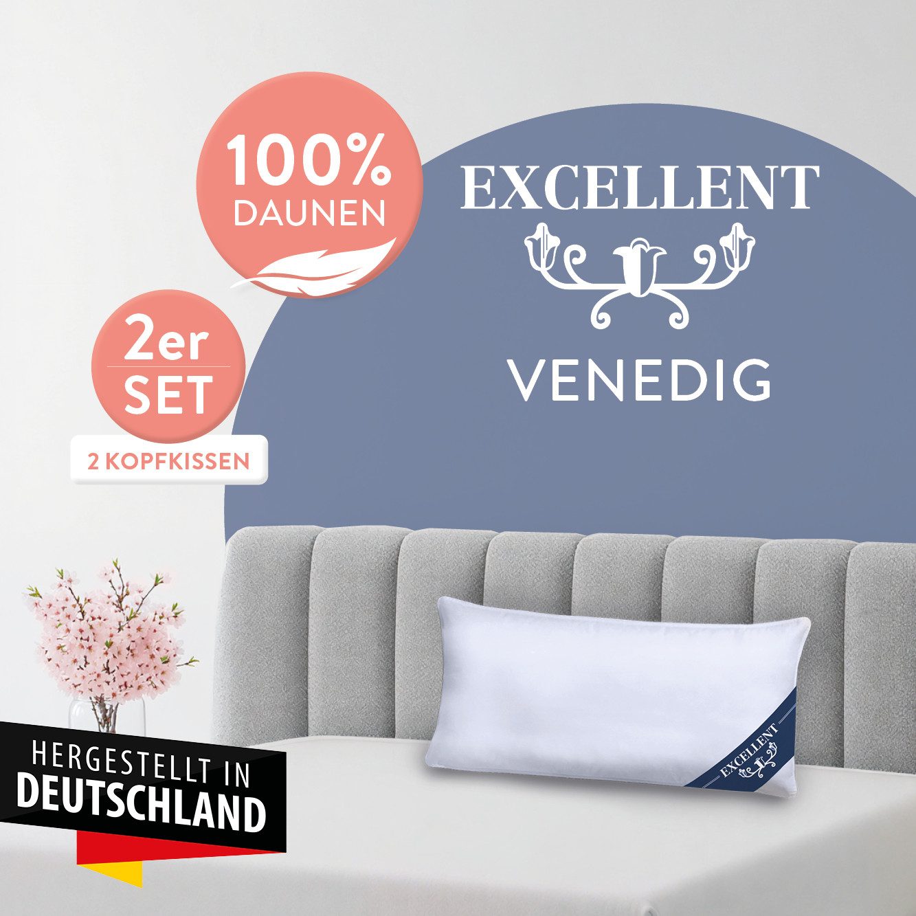 Excellent 3-Kammer-Kopfkissen Venedig, Kissenparade1 tlg. oder 2 tlg. 40x40-80x80 cm, Füllung: weiße neue Daunen, Klasse I, 100% Daunen (Außen), weiße neue Fede – Bild 2 von 5