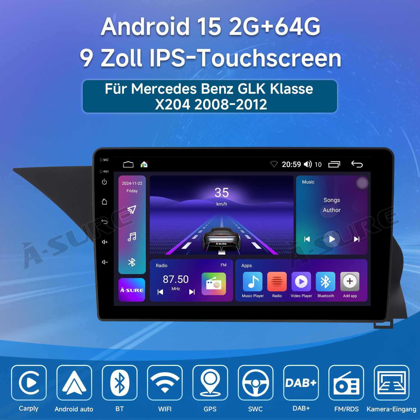 A-Sure Android 15 Carplay Navi Für Mercedes-Benz GLK-Klasse X204 2008-2015 Autoradio (Digitalradio (DAB), FM, AM)
