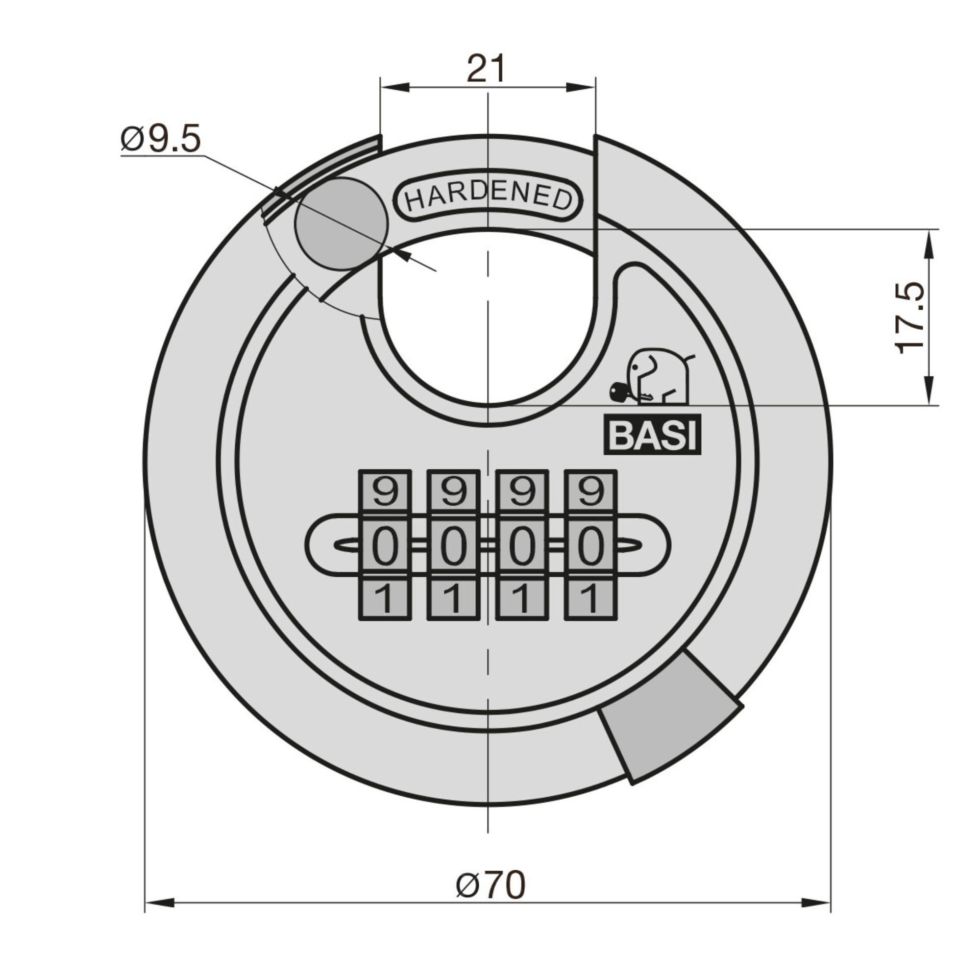 BASI Vorhängeschloss Rundbügelschloss, (Packung, 1-tlg), mit Zahlenschloss 4-stellig, Korpus aus Edelstahl, Ø 70 mm, 1 Stück