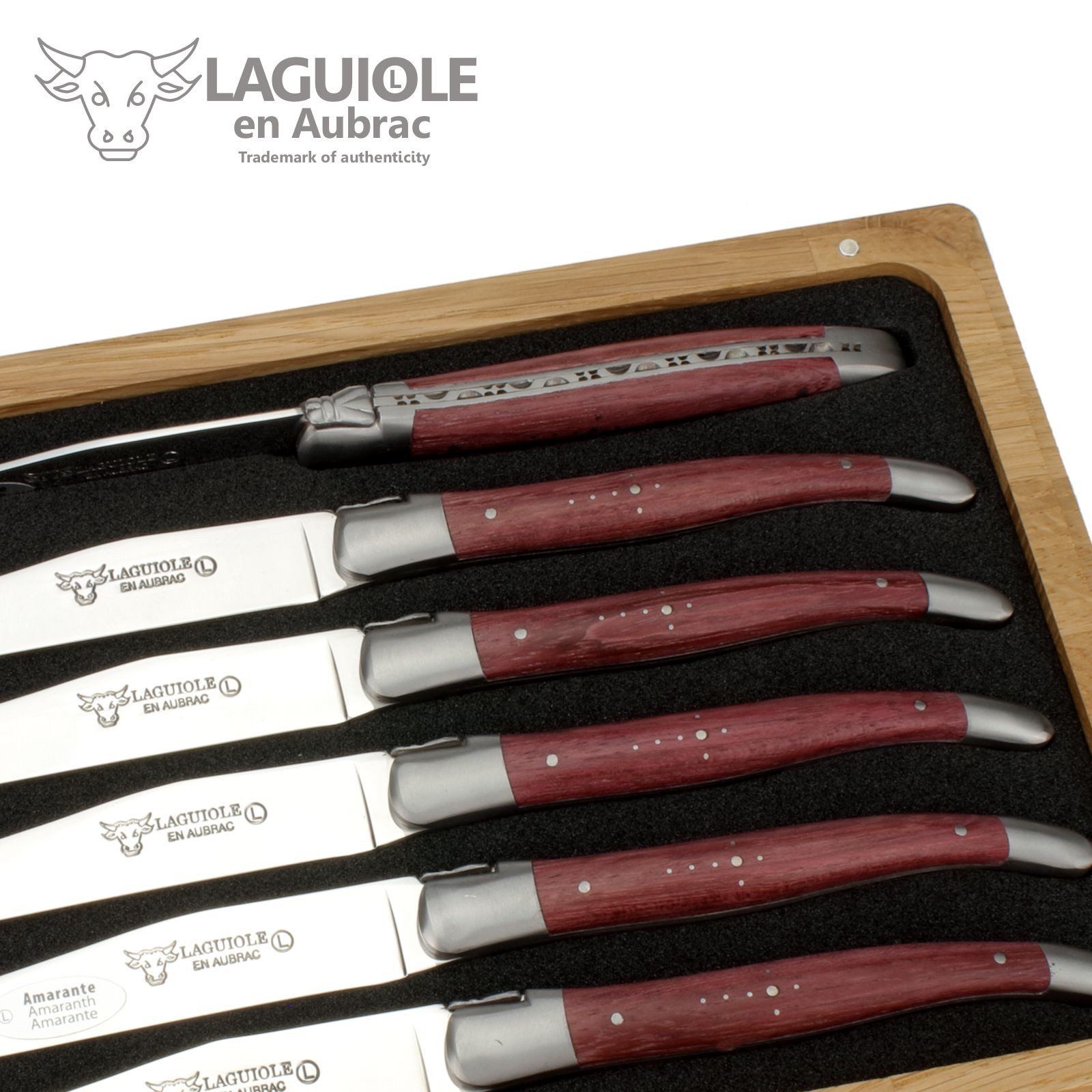 Laguiole en Aubrac Steakmesser 62C99ATIH 6er Set - Griff Amaranth - Backen matt - Klinge glänzend - Holzbox