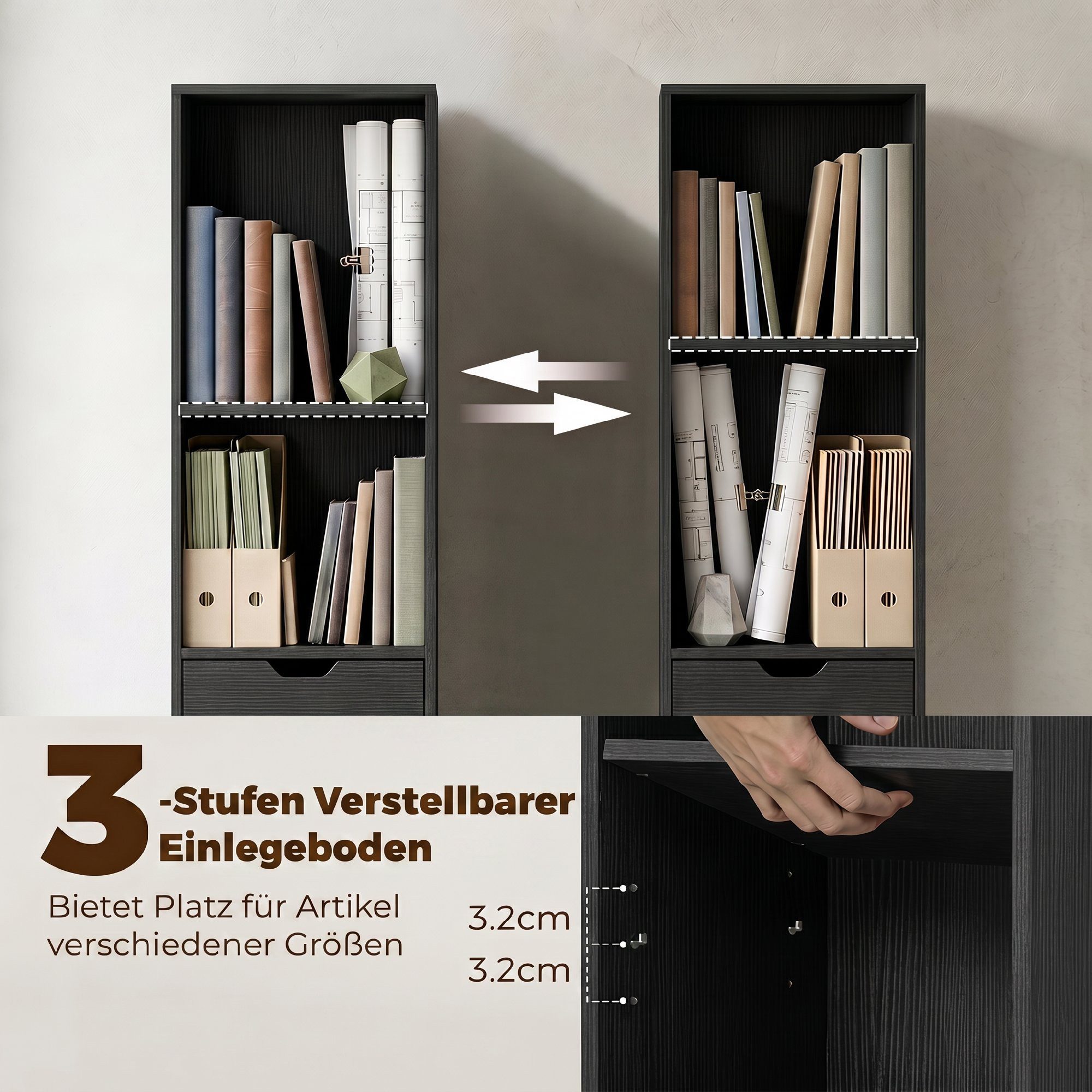 HOMCOM Bücherregal Büroregal mit 6 Ebenen, Set 1-tlg., Verstellbarer Boden, Kippschutz, Schublade – Bild 5 von 5