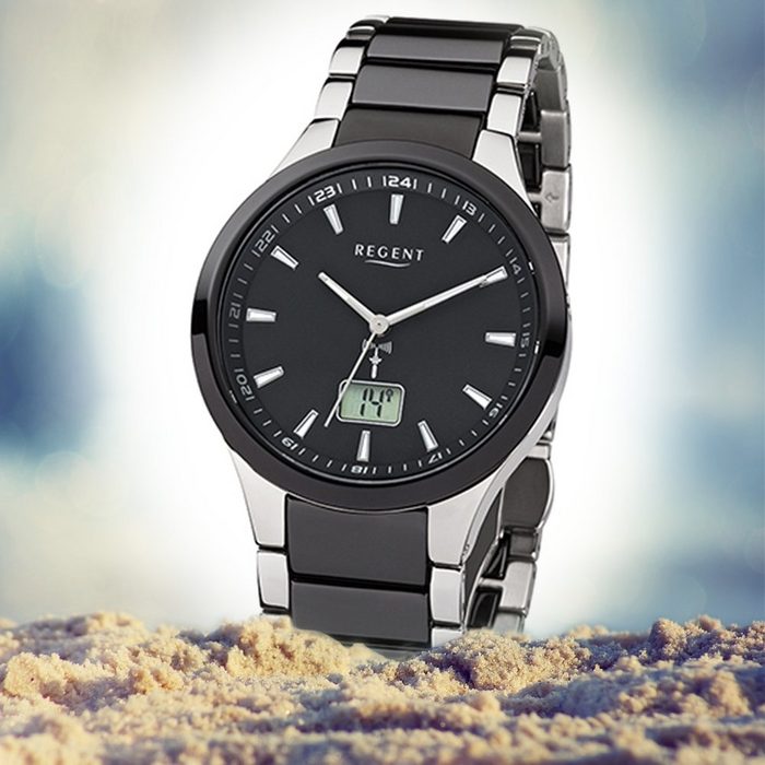 Regent Funkuhr Regent Herren-Armbanduhr schwarz silber (Funkuhr) Herren Funkuhr rund groß (ca. 40mm) Stahl Keramikarmband schwarz silber XB11357