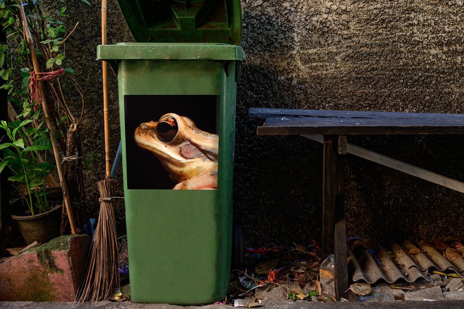 Wandsticker St), Mülleimer-aufkleber, Frosch Schwarz MuchoWow Container, Abfalbehälter - Auge (1 Mülltonne, Sticker, -