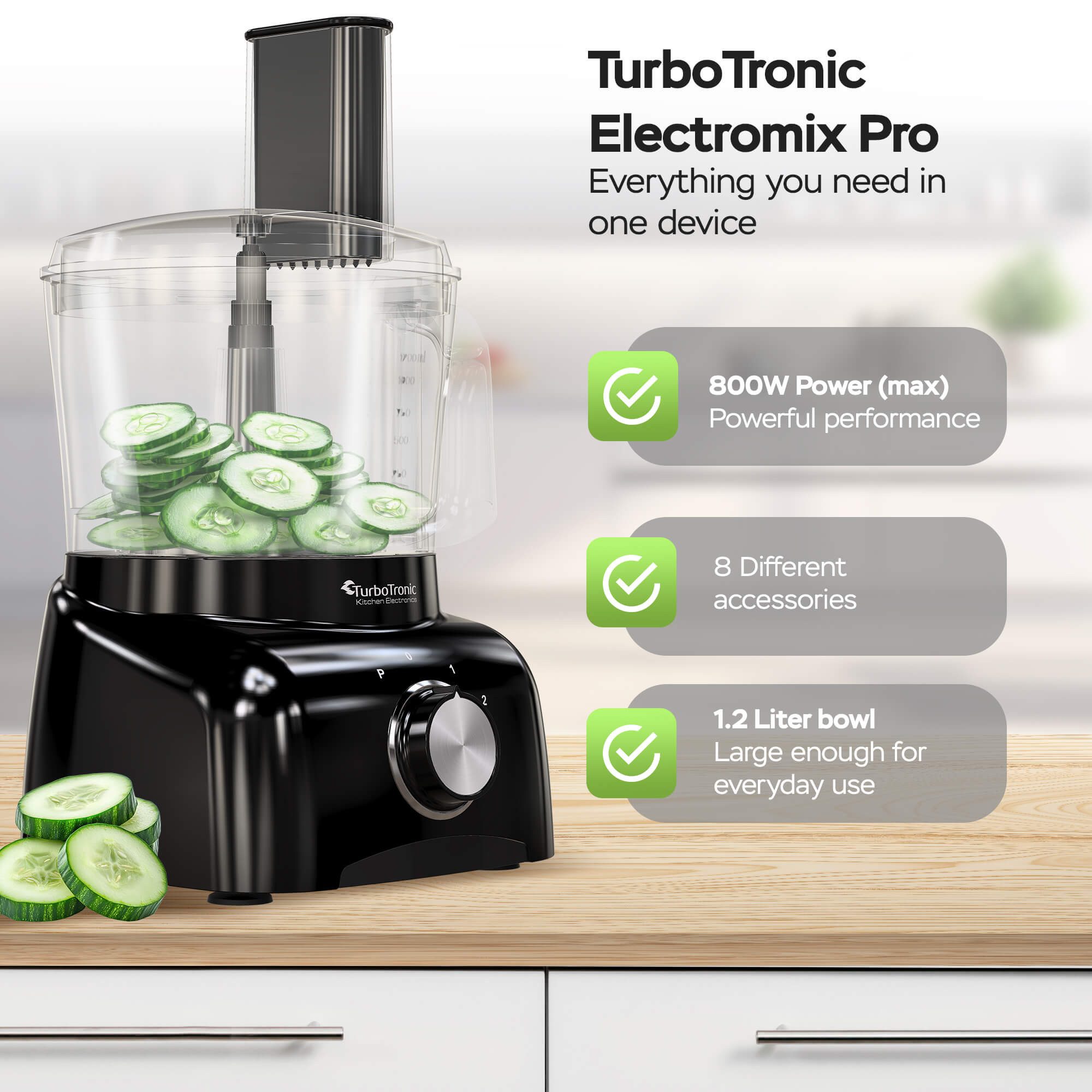 TurboTronic by Z-Line Küchenmaschine Food Processor mit Standmixer 1,5L Behälter Multizerkleinerer Mixer, 800 W, 1.2 l Schüssel, Raspelscheiben Zitruspresse Zer – Bild 5 von 5