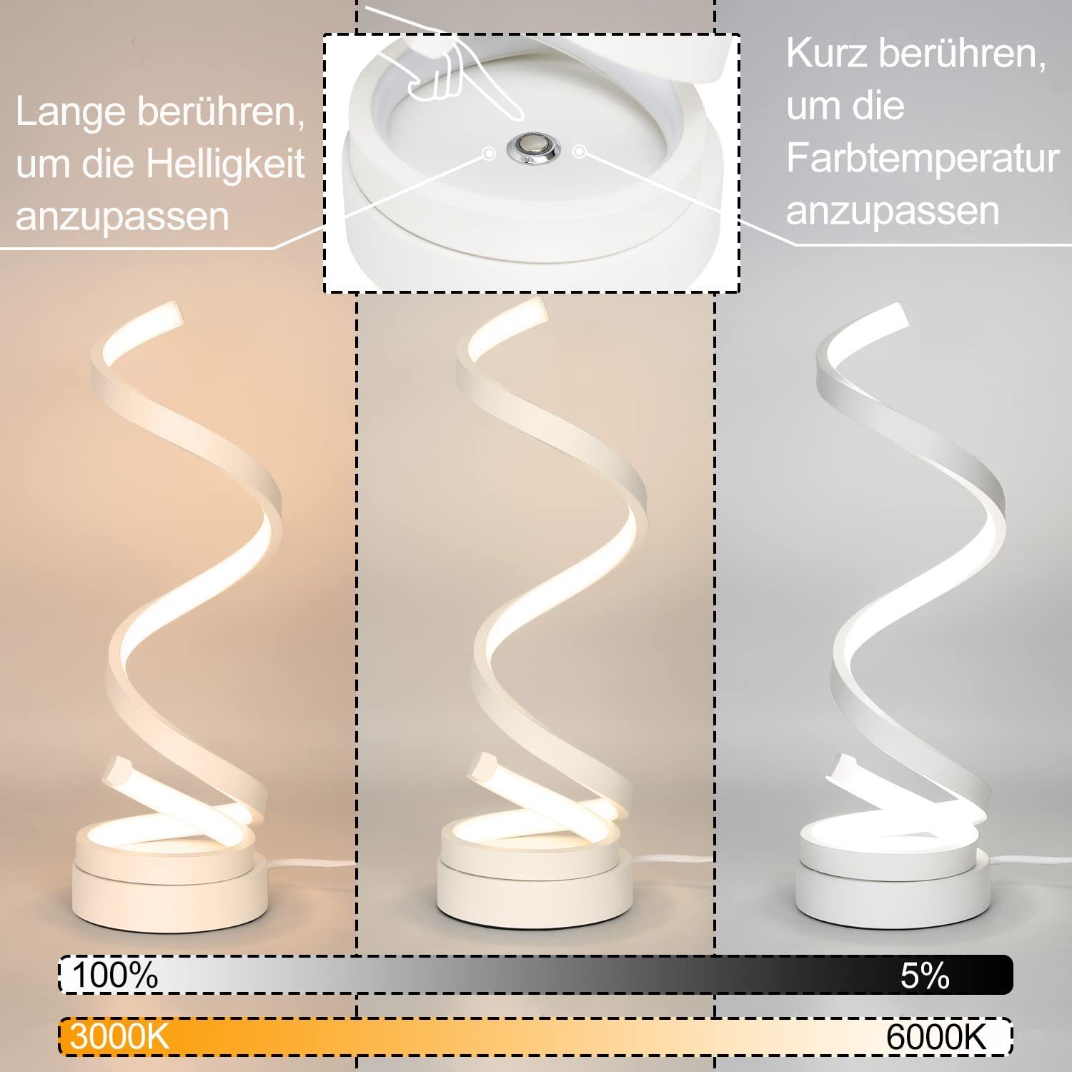 Dimmbare 12W LED Spiralförmig, Nachttischlampe fest LED Berührungsschalter, ZMH warmweiß-kaltweiß, integriert, Modern Tischleuchte Weiß Wohnzimmer