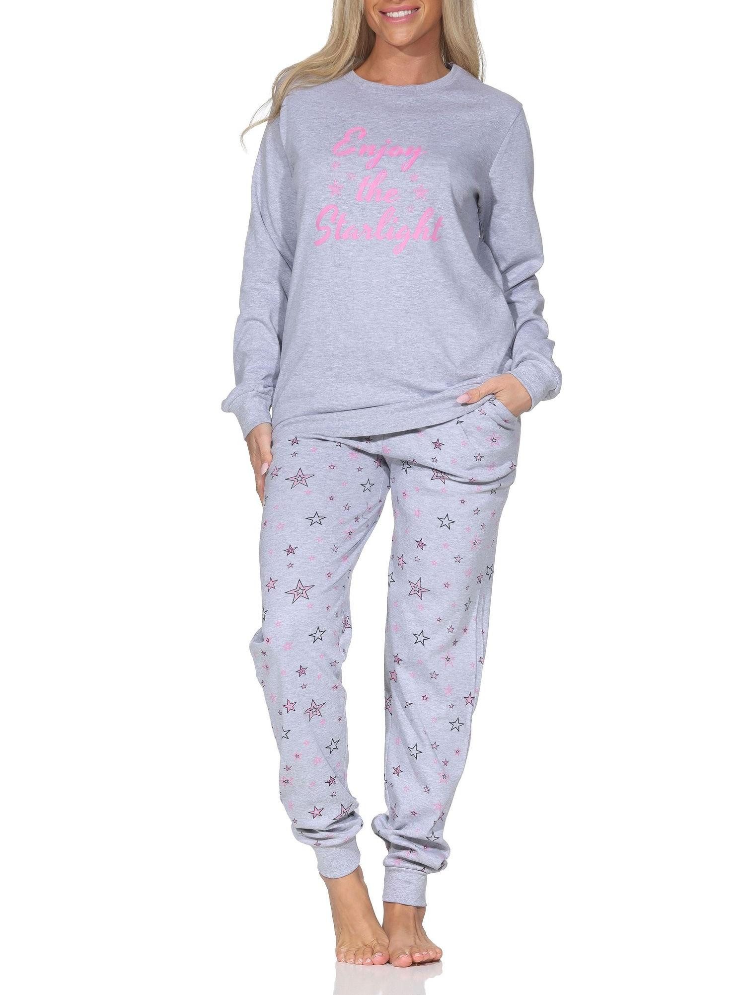 Pyjama Damen Schlafanzug in Kuschel Interlock mit Bündchen in Sterne Optik