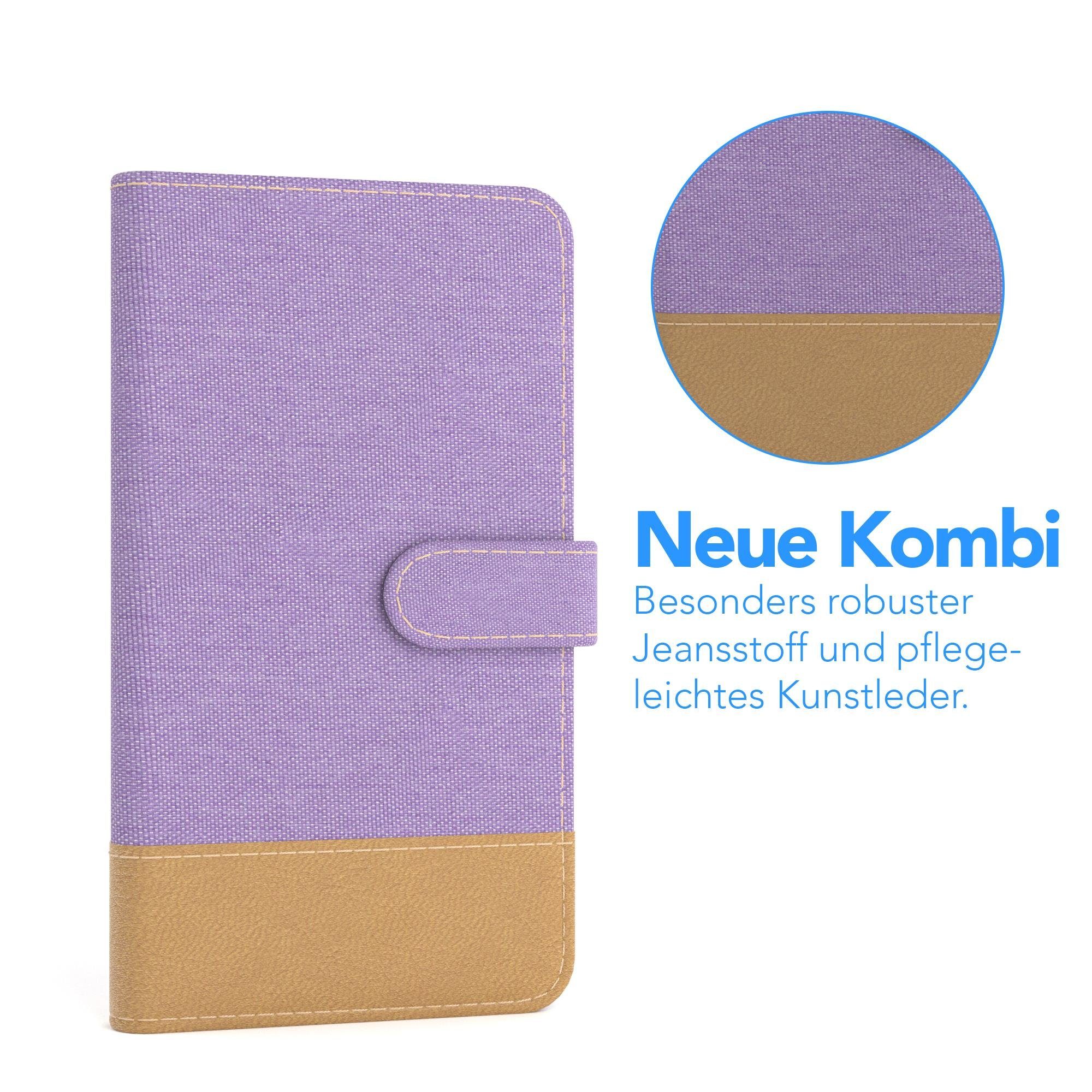 EAZY CASE Handyhülle Bookstyle Jeans für Samsung Galaxy S7 5,1 Zoll, Bookstyle Klapphülle mit Visitenkartenfach aus Kunstleder Lila Violett