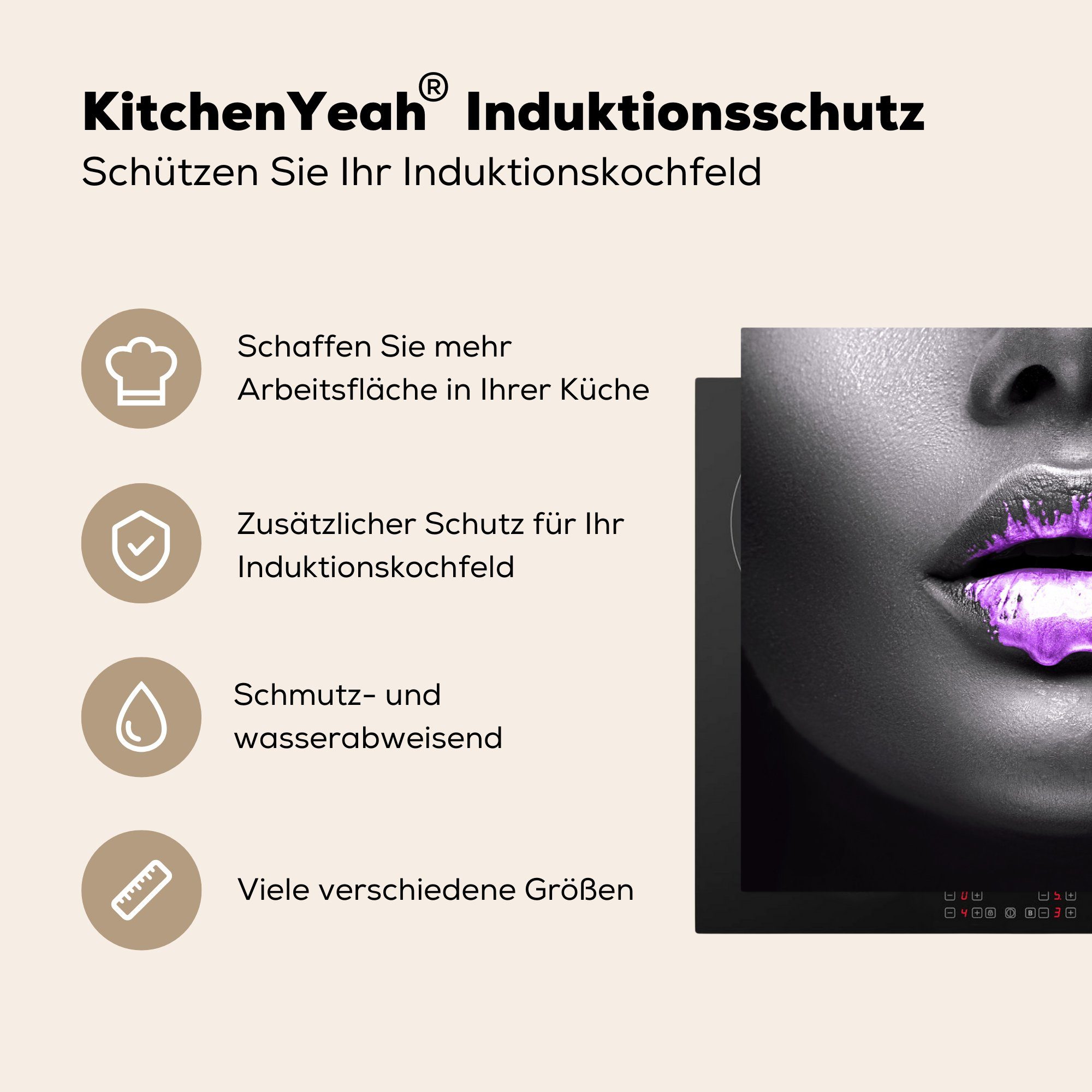 küche, Induktionskochfeld - cm, Schutz die Lila - (1 81x52 tlg), MuchoWow Schwarz, Lippen Herdblende-/Abdeckplatte für Ceranfeldabdeckung Vinyl,