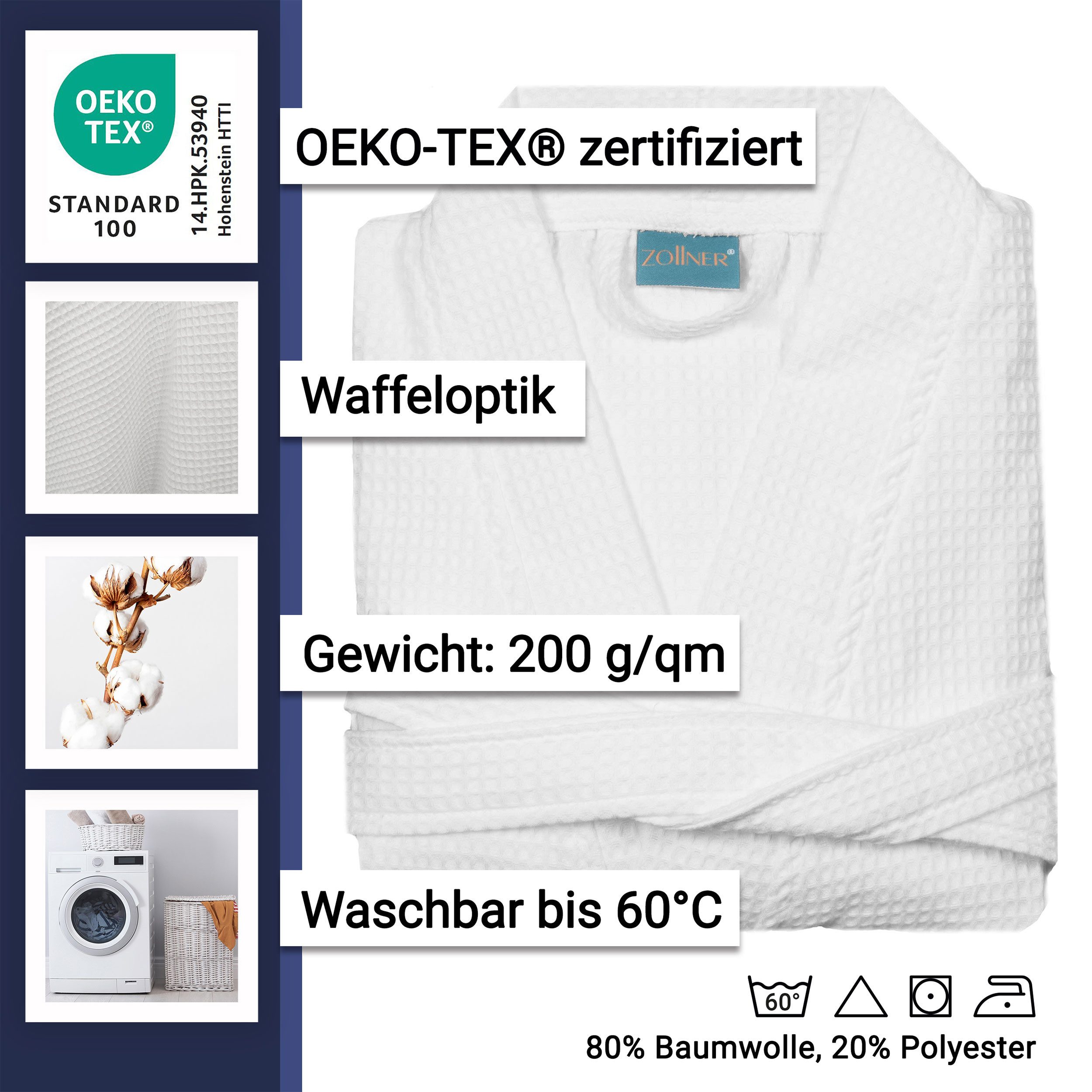 ZOLLNER Unisex-Bademantel, 80% Baumwolle, 20% Polyester, Kimono-Schnitt, Gürtel, 80% Baumwolle, 20% Polyester