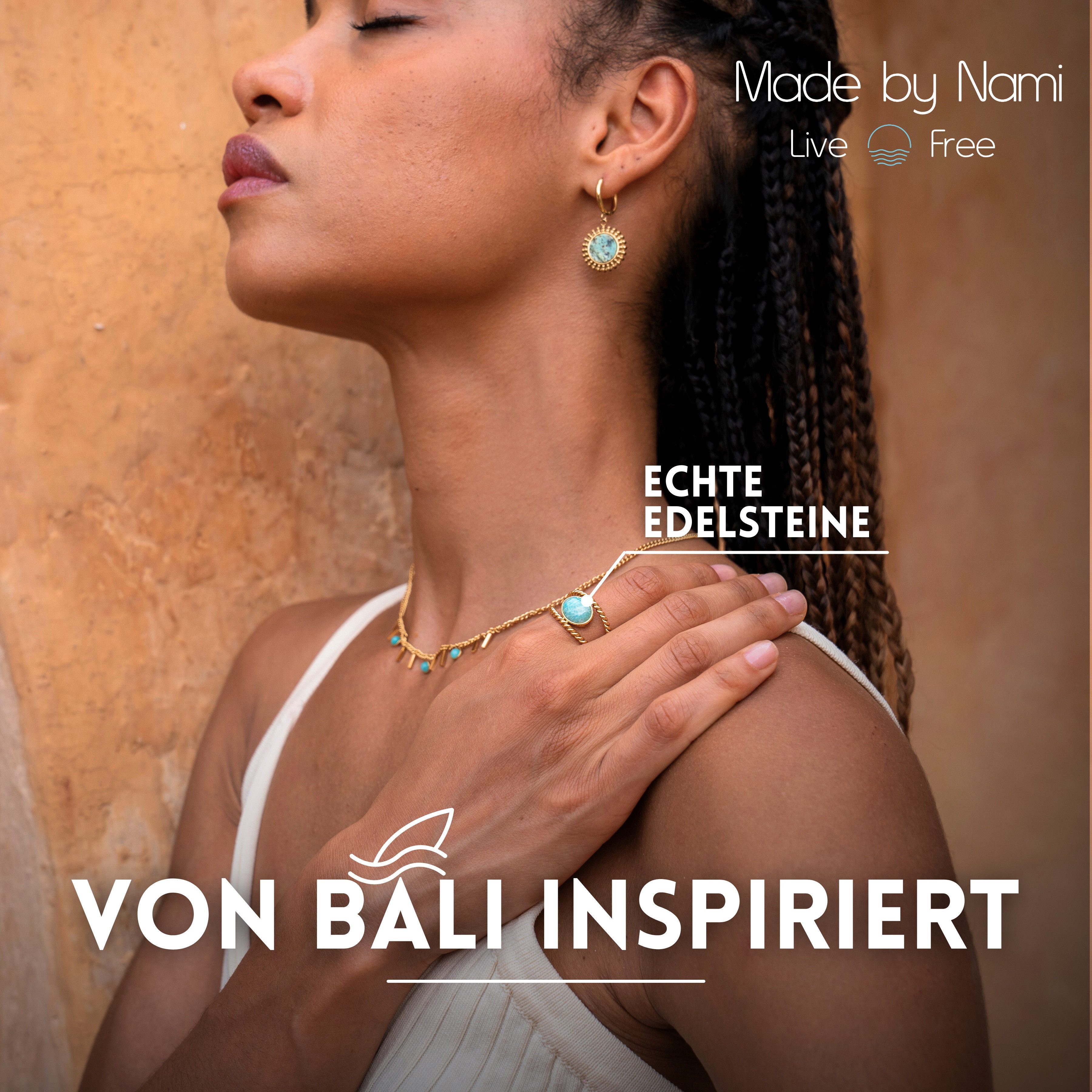 Made by Nami Fingerring Gold Damen mit Edelstein aus Chirurgischem Edelstahl - Türkiser Stein, Verstellbare Größe - Wasserfester Schmuck Hypoallergen