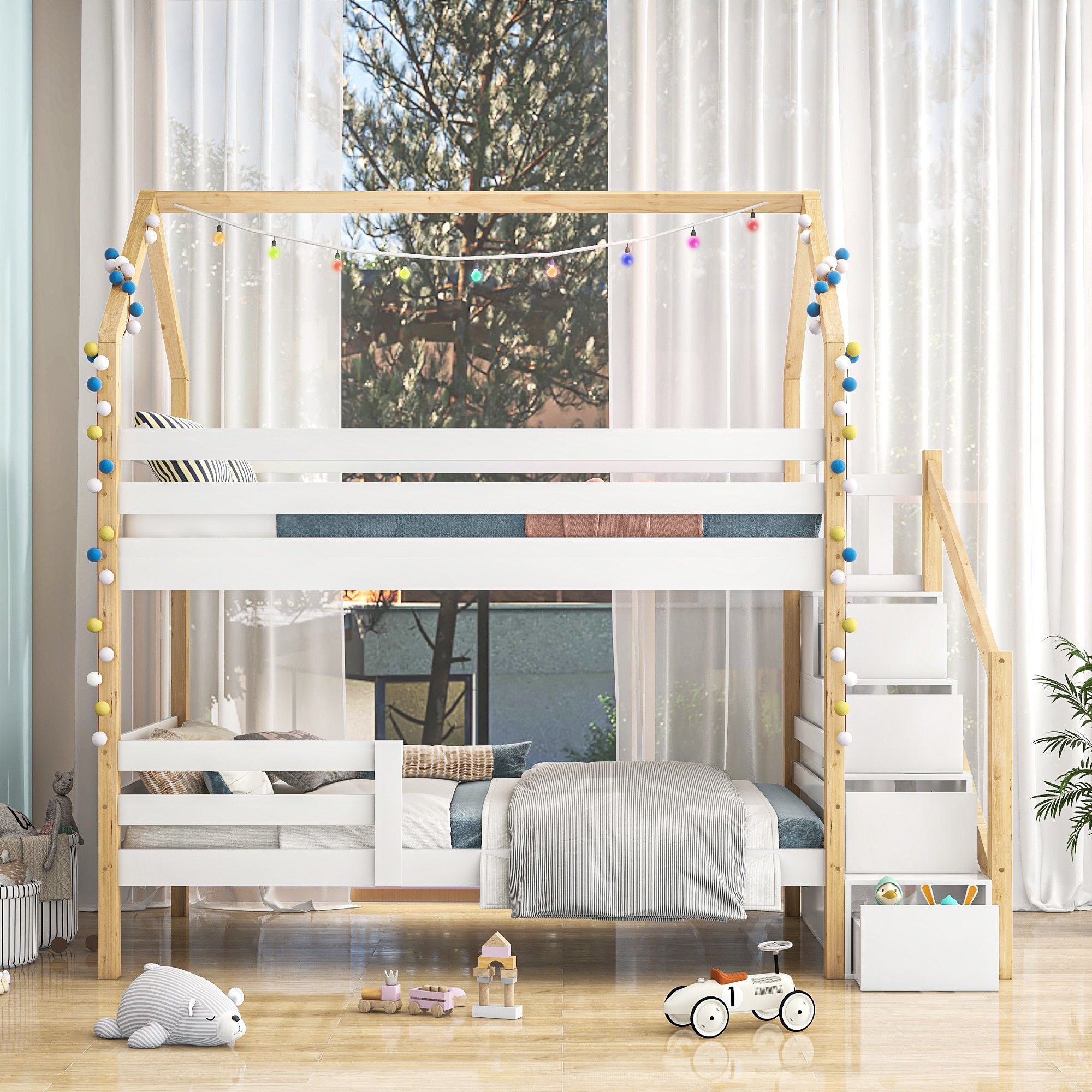 Etagenbett, mit Lattenrost und 4 Schubladen, Kiefernholz, 90x200 cm
