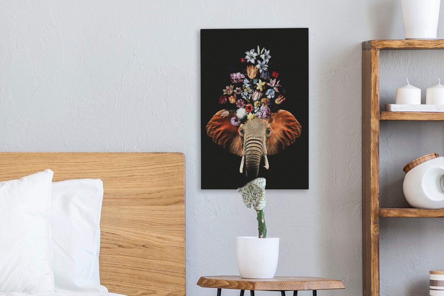 OneMillionCanvasses® Leinwandbild St), - (1 cm inkl. 20x30 fertig Gemälde, Zackenaufhänger, Elefant - Blumen Leinwandbild Schwarz, bespannt