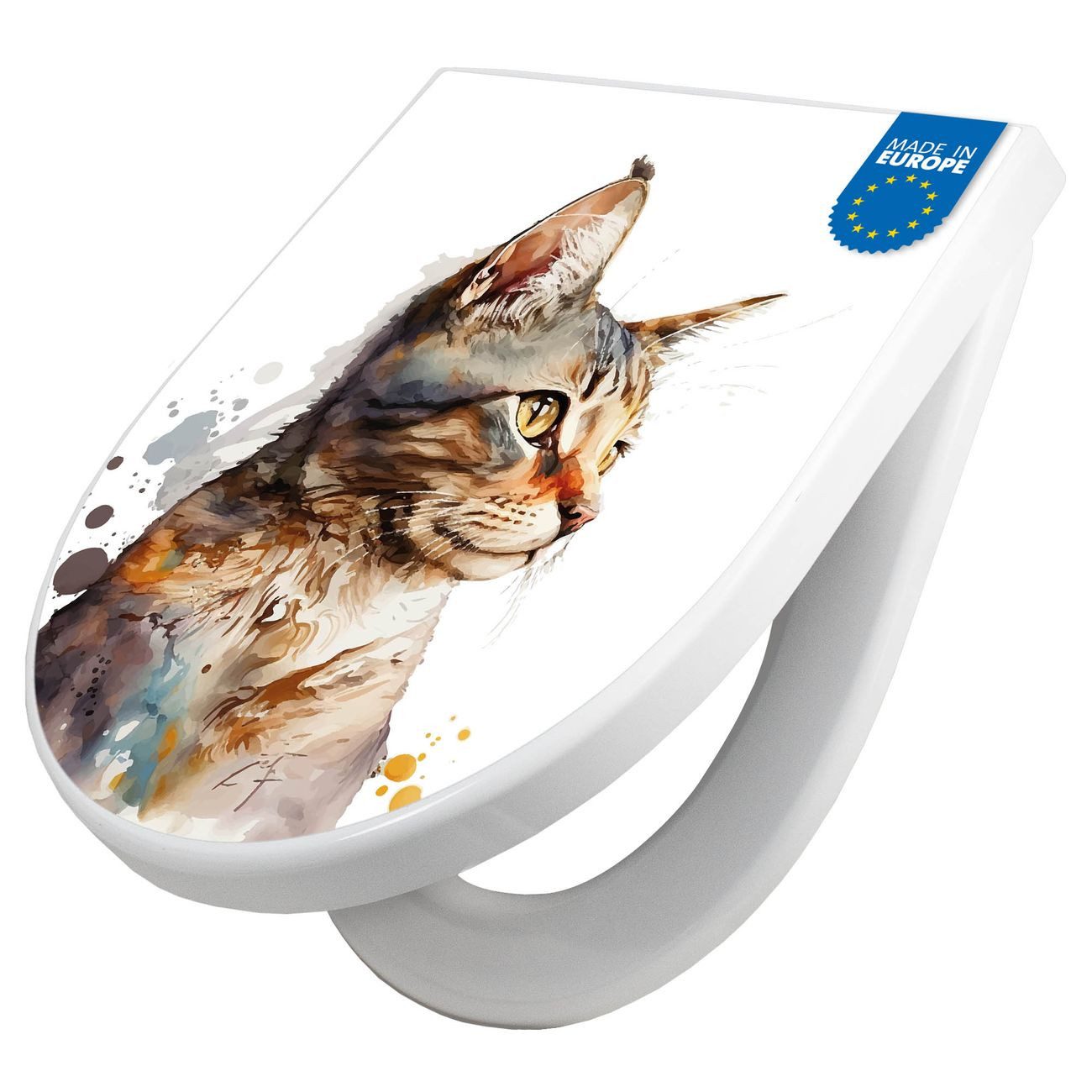 banjado WC-Sitz Premium D-Form mit Absenkautomatik Motiv Katzenportrait in Aquarell 2 (umweltfreundliches Material, Softclose Absenkautomatik), 45 x 36,4 x 4