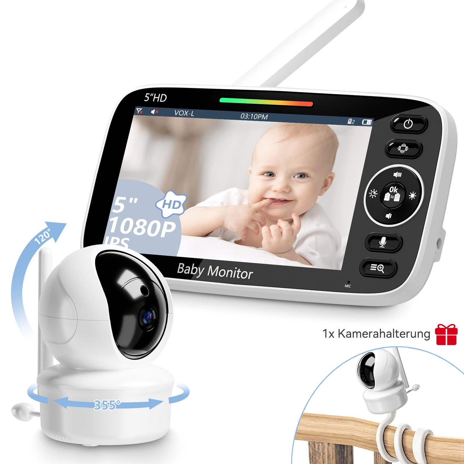 Video-Babyphone Babyphone mit Kamera, Extra Großes 5-Zoll 1080P HD Display