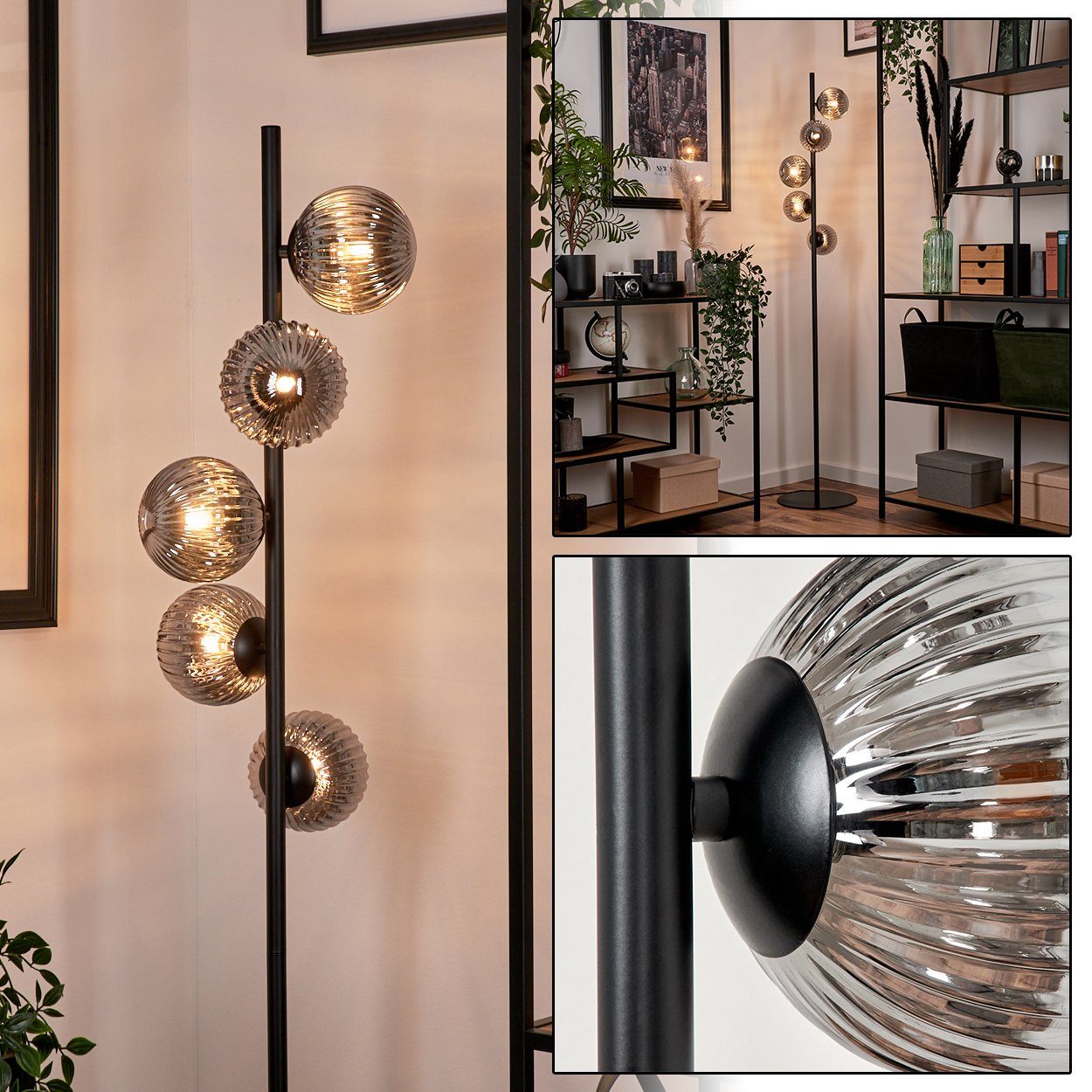 hofstein Stehlampe Stehlampe aus Metall/Glas in Schwarz/Rauchfarben in Riffel-Optik, ohne Leuchtmittel, Standlampe im Retro-Design aus Glas, 5 x G9, ohne Leuchtmittel