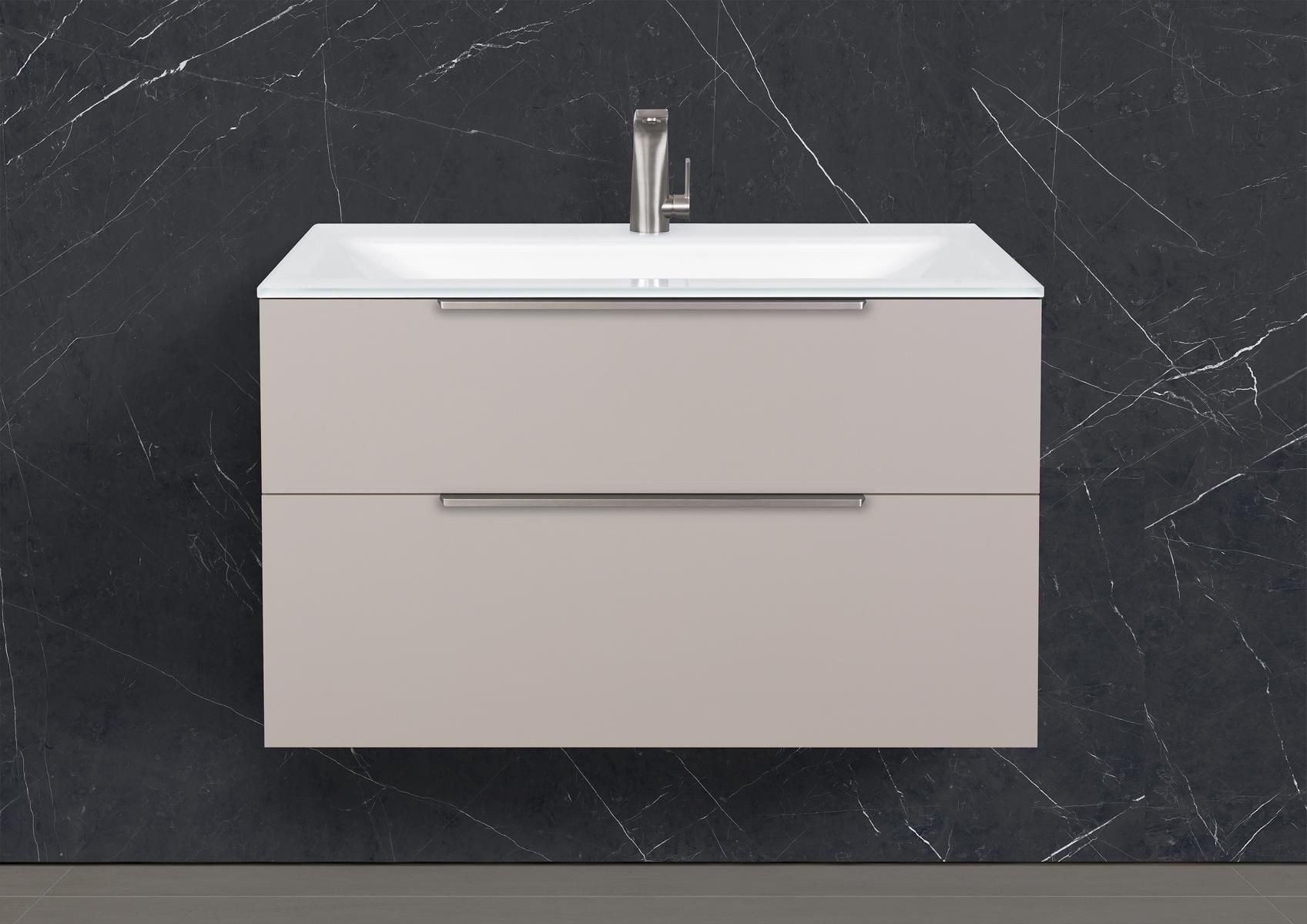 Intarbad Waschtisch Badmöbel Set Zafiro Glaswaschbecken Optiwhite und Unterschrank (90 oder 120 cm Breite, Höhe 49,2 - 56,2 cm 2x Vollauszug/Selbsteinzug, Soft-Close, Holz-/ Lackdekore, polierte Glaszarge im unteren Auszug), Vormontierte Lieferung, 160 kg Traglast, Made in Germany