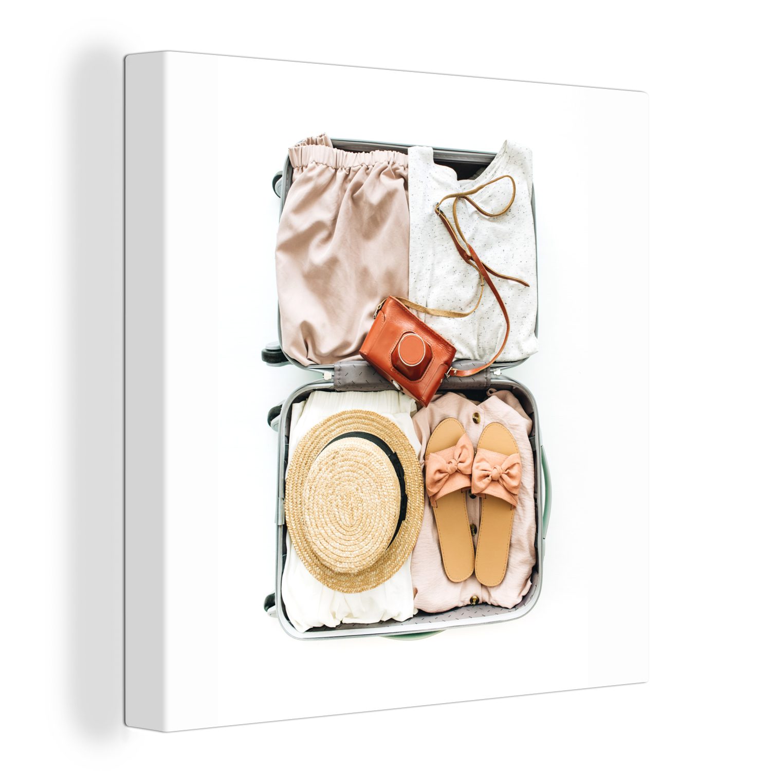 OneMillionCanvasses® Leinwandbild Koffer - Kamera - Hausschuhe, (1 St), Leinwand Bilder für Wohnzimmer Schlafzimmer