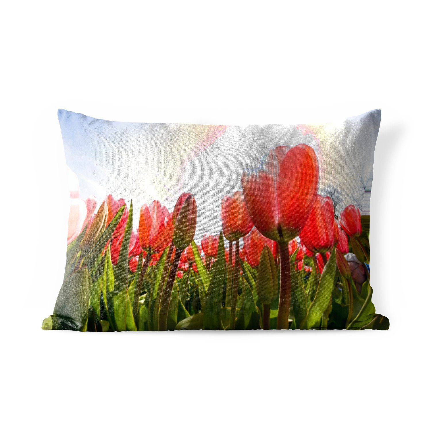 MuchoWow Dekokissen Rote Tulpen und das Sonnenlicht, Outdoor-Dekorationskissen, Polyester, Dekokissenbezug, Kissenhülle