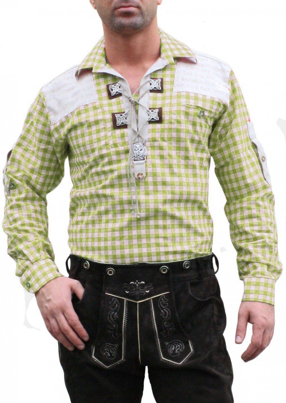 Giftgrün/kariert Trachtenhemd Verzierung Lederhosen O12-Giftgrün für Trachtenhemd German Wear mit