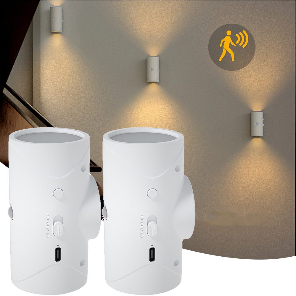 PRIISF LED Steckdosenleuchte Nachtlicht Kabellose mit Bewegungssensor Oberen un Unteren Beleuchtung, USB-Aufladbar, Akku Wandlampe Dämmerungssensor Nachtlampe, LED Nachttischlampe LED Unterbauleuchte, 3000K Warmweißes Steckdosenlicht für Treppenhaus Flur Schlafzimmer