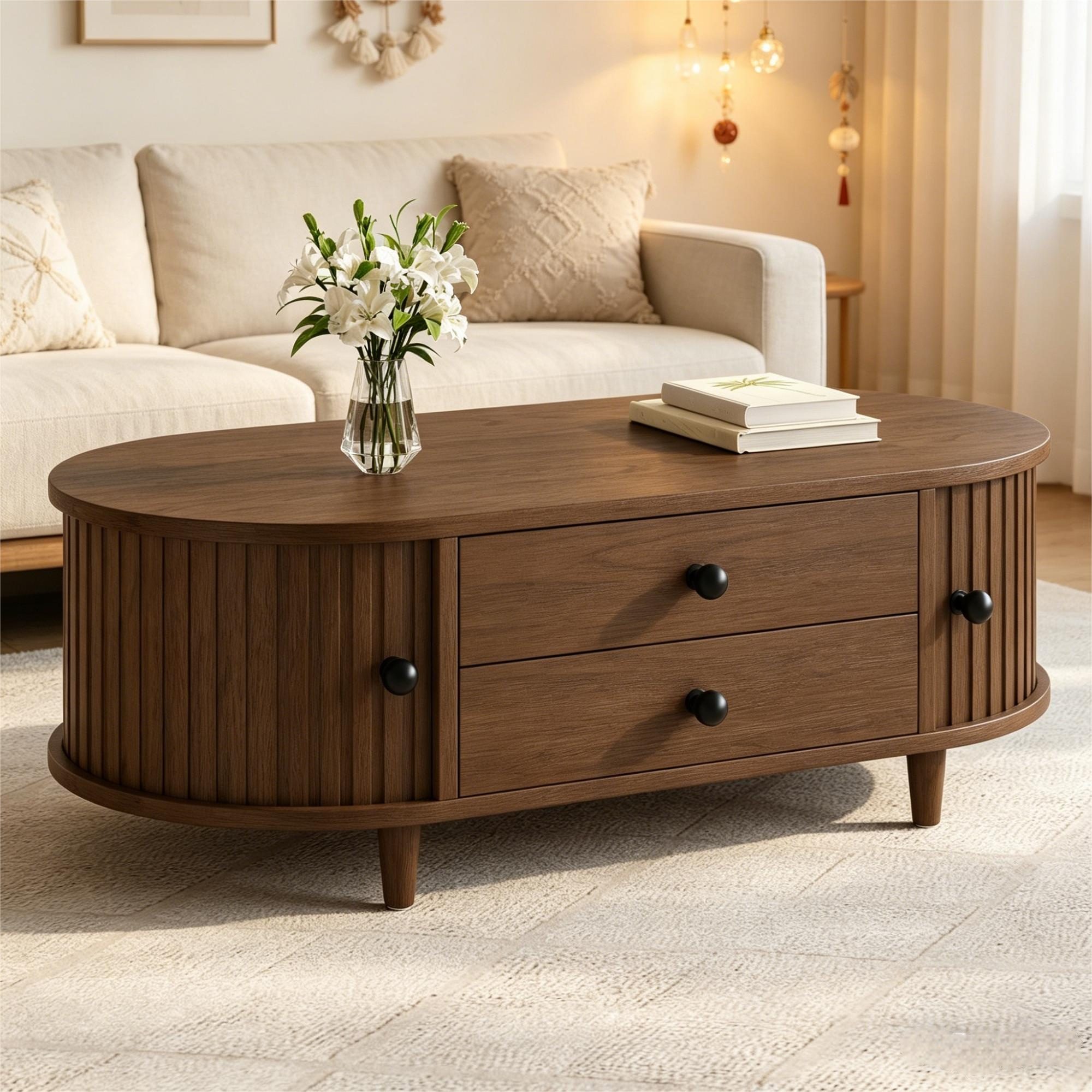 Merax Couchtisch Sofatisch oval Beistelltisch mit Massivholzbeinen (1-St), Wohnzimmertisch mit Rolltüren, 2 Schubladen & Stauraum, 100x50x36cm