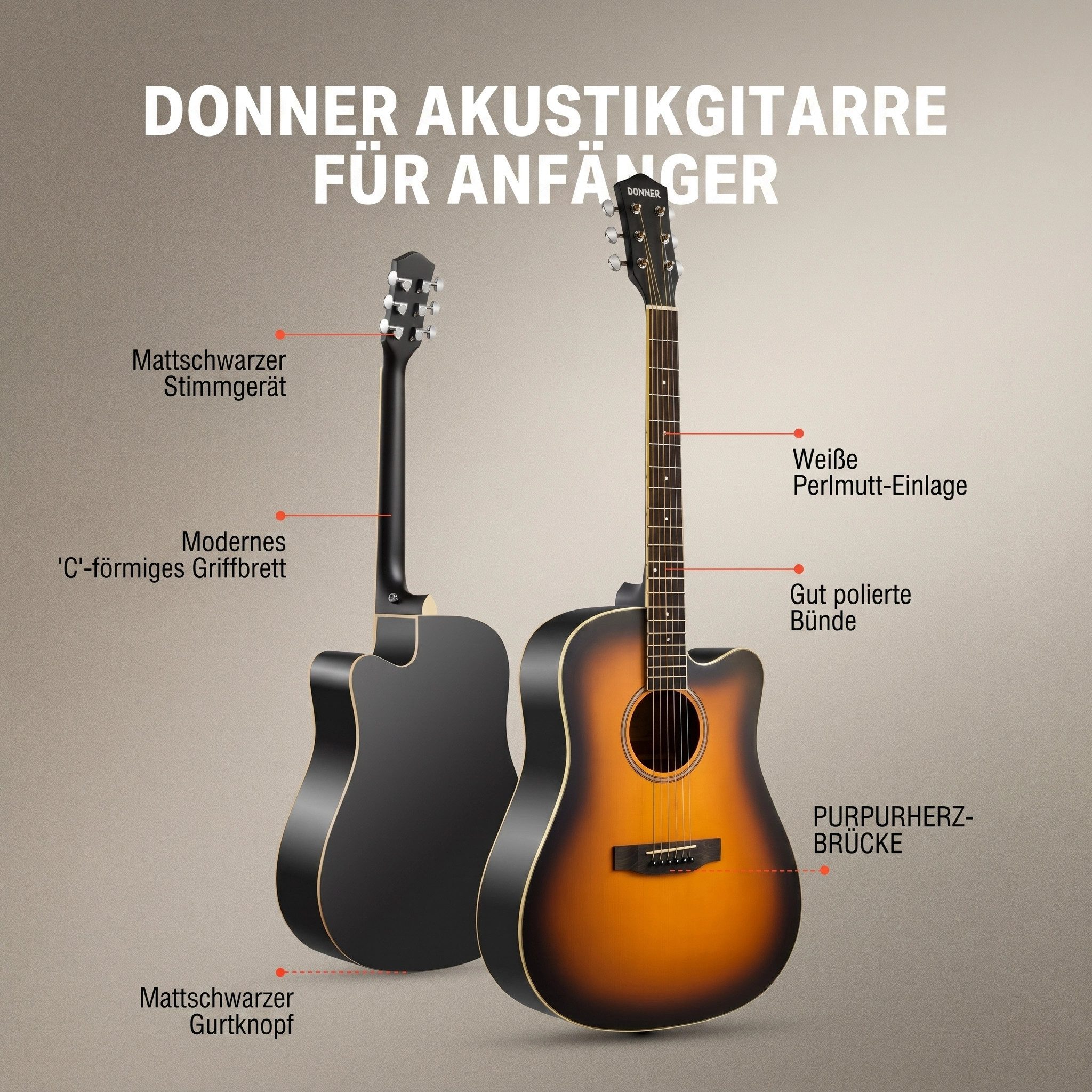 Donner Akustikgitarre Akustikgitarre in voller Größe 41 Zoll DAG-1CB, Komplettset, mit Gigbag, Gurt, Stimmgerät, Schlagbrett, für Anfänger in voller Größe komplettes Anfängerset