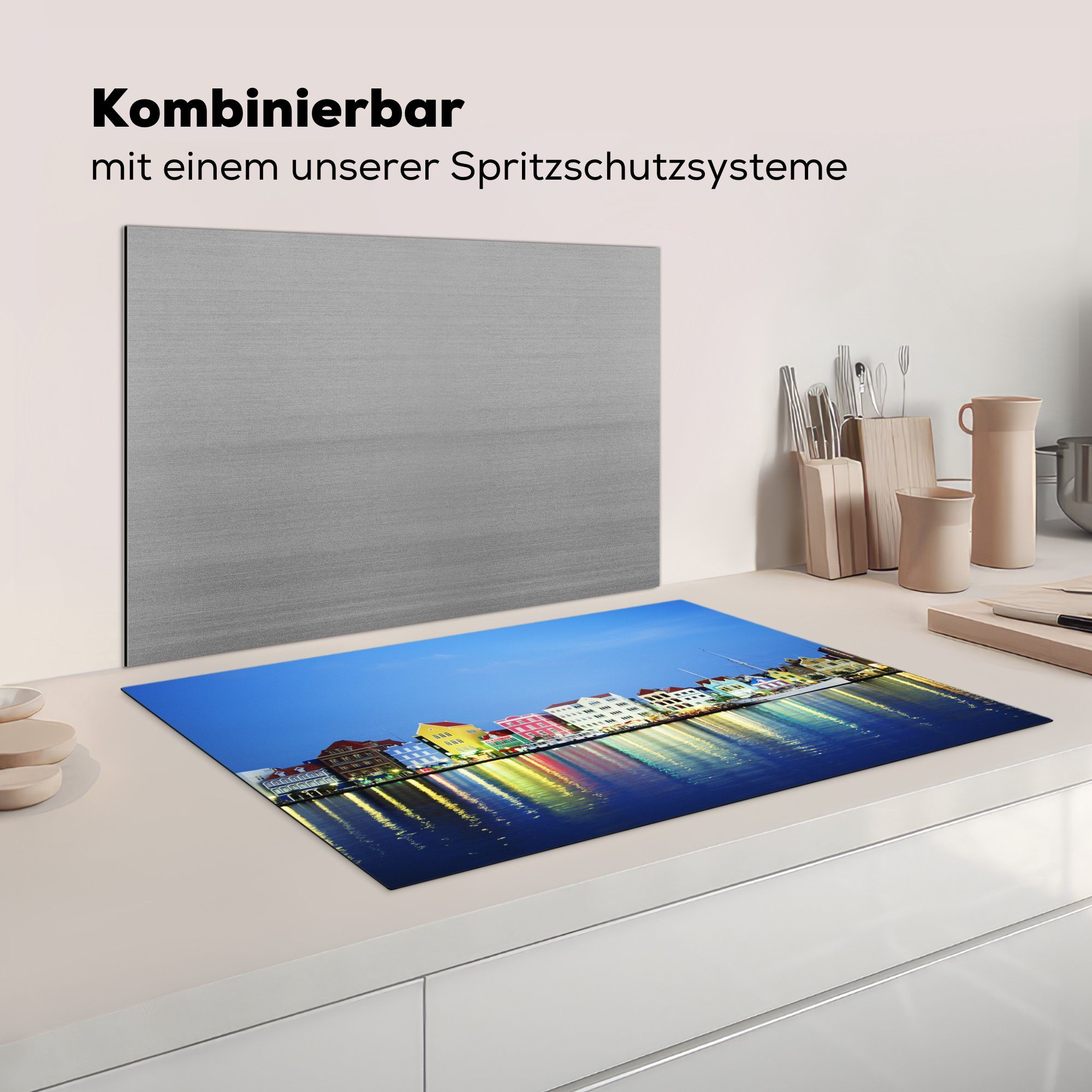 MuchoWow Herdblende-/Abdeckplatte Curaçao - (1 küche, Vinyl, 81x52 tlg), für Skyline, Häuser die cm, Induktionskochfeld Ceranfeldabdeckung - Schutz