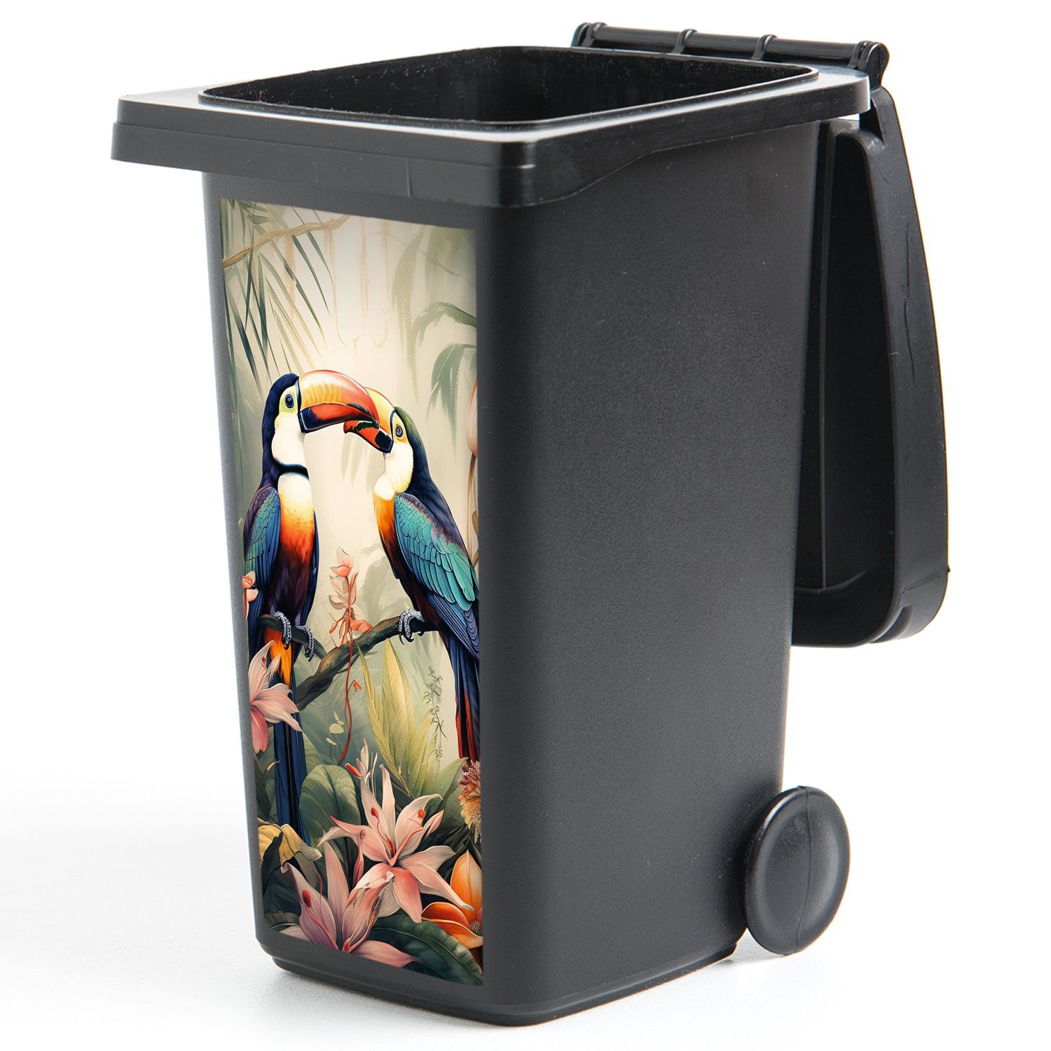 Tukan (1 Mülleimer-aufkleber, Mülltonne, - MuchoWow St), Natur Container, Dschungel Blumen - Vögel Abfalbehälter Sticker, - Wandsticker -