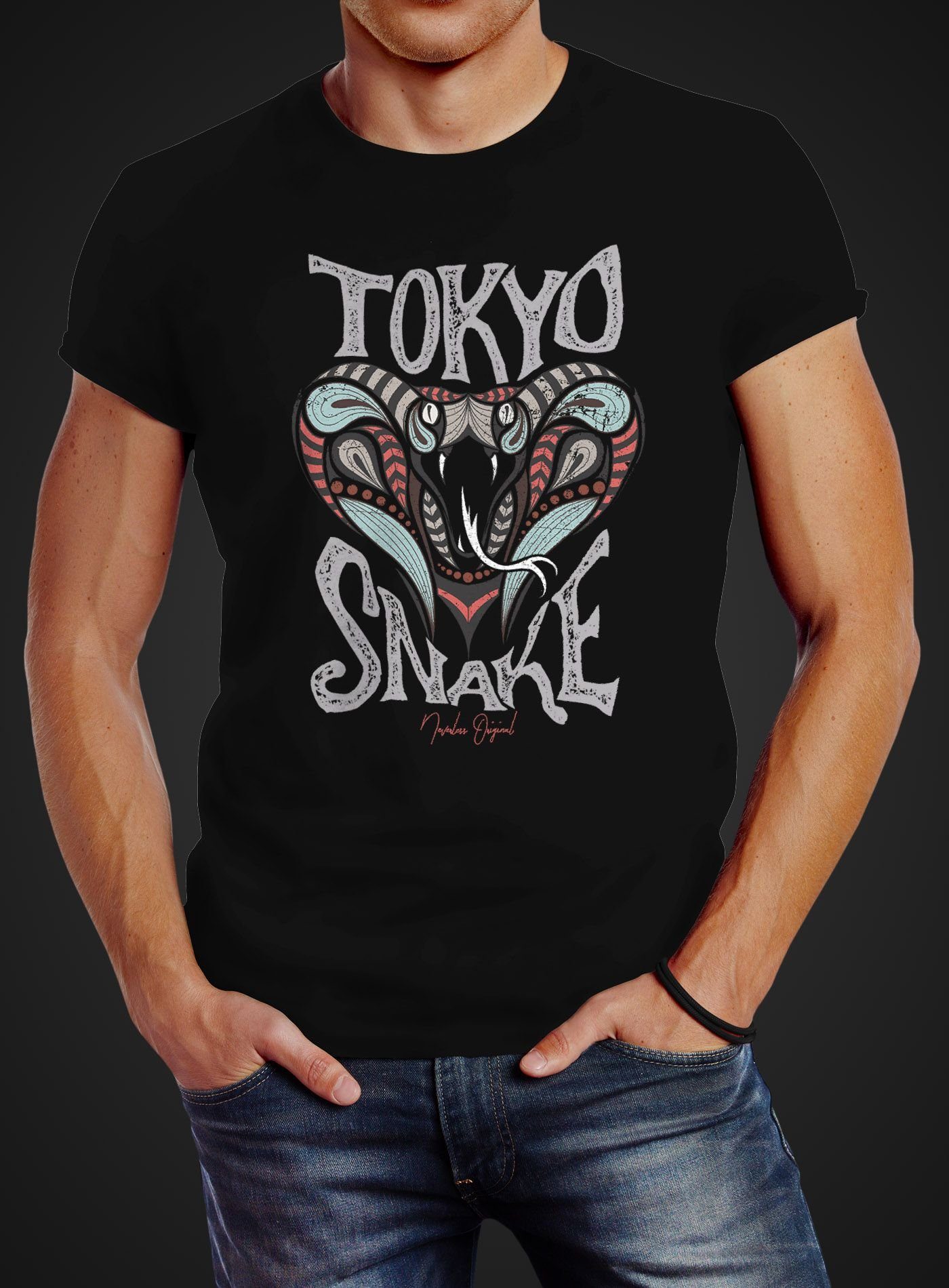 Snake Print-Shirt Kobra Schriftzug mit Print Herren T-Shirt Streetstyle Aufdruck Neverless Vintage Fashion Print Neverless® Tokyo Japan