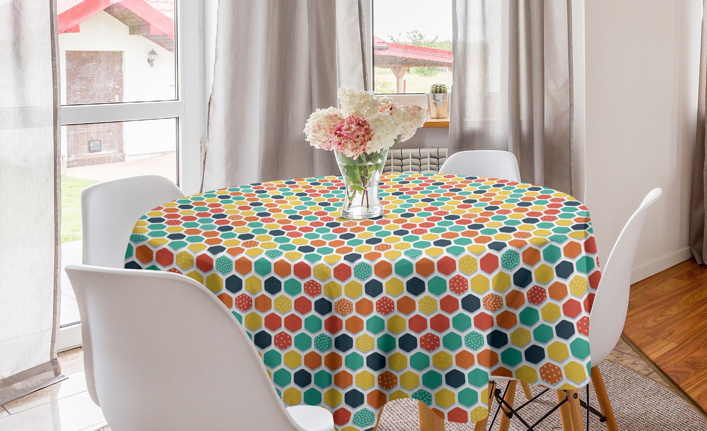 Abakuhaus Tischdecke Kreis Tischdecke Abdeckung für Esszimmer Küche Dekoration, Bunt Hexagons mit Punkten Retro