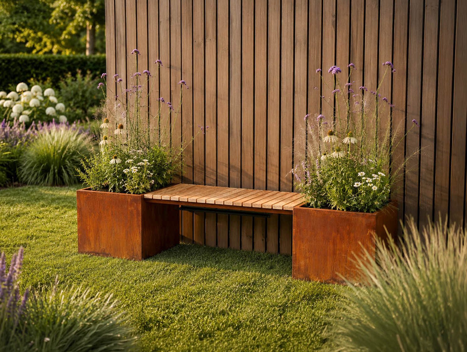 BADEKO Gartenbank Valencia aus Edelrost mit Lärchenholzsitzfläche 210x50x45cm, Sitzfläche aus Lärchenholz, Pflanzkübel aus Edelrost
