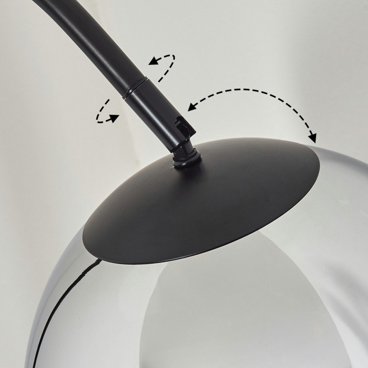 hofstein Bogenlampe Stehlampe aus Metall/Glas in Schwarz/Chrom/Rauch, ohne Leuchtmittel, Industrial-Design Leuchte m. Glasschirm (25cm) u. Fußschalter, 1xE27