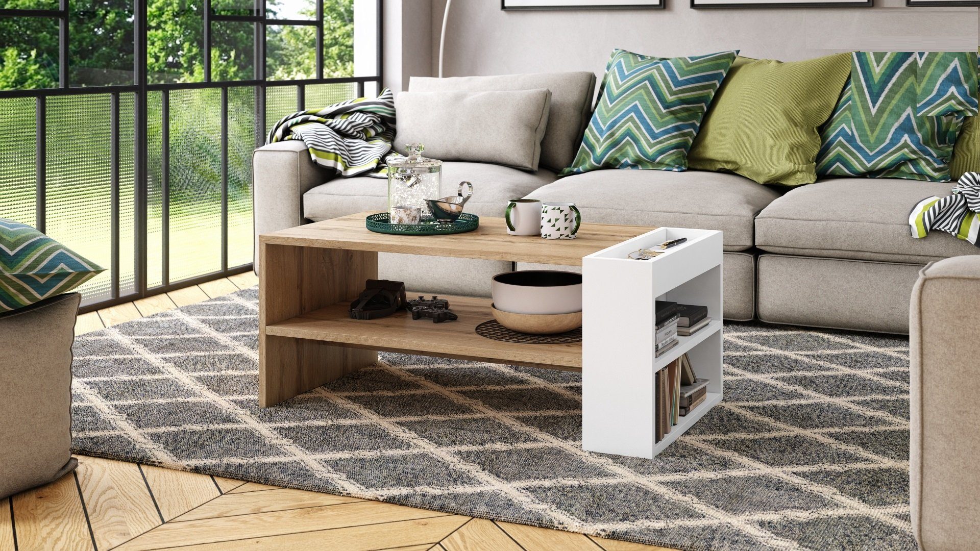 designimpex Couchtisch Design Couchtisch Nefri Tisch Wohnzimmertisch mit Ablagefläche Eiche Wotan - Weiß matt