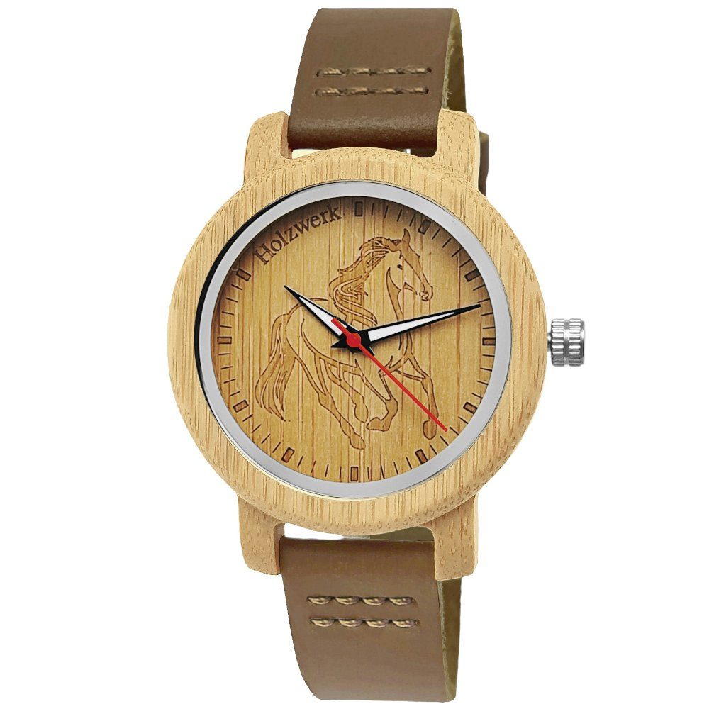 Holzwerk Quarzuhr LIL TORI BROWN Kinder Leder & Holz Armband Uhr mit Pferd Motiv, braun